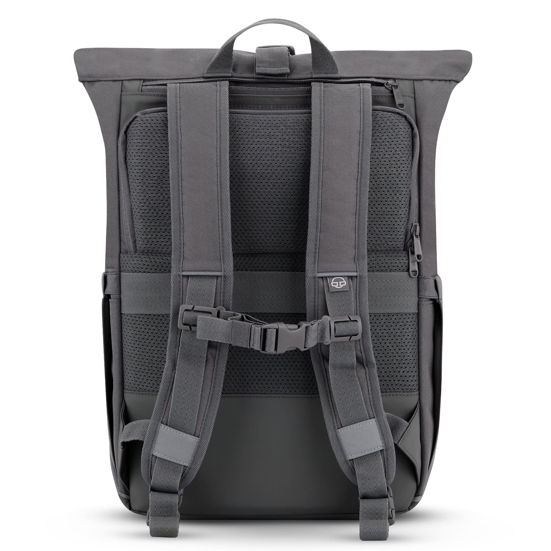 Rückansicht des grauen Rolltop Rucksacks 'Robin Medium' mit gepolsterten Trägern und Brustgurt