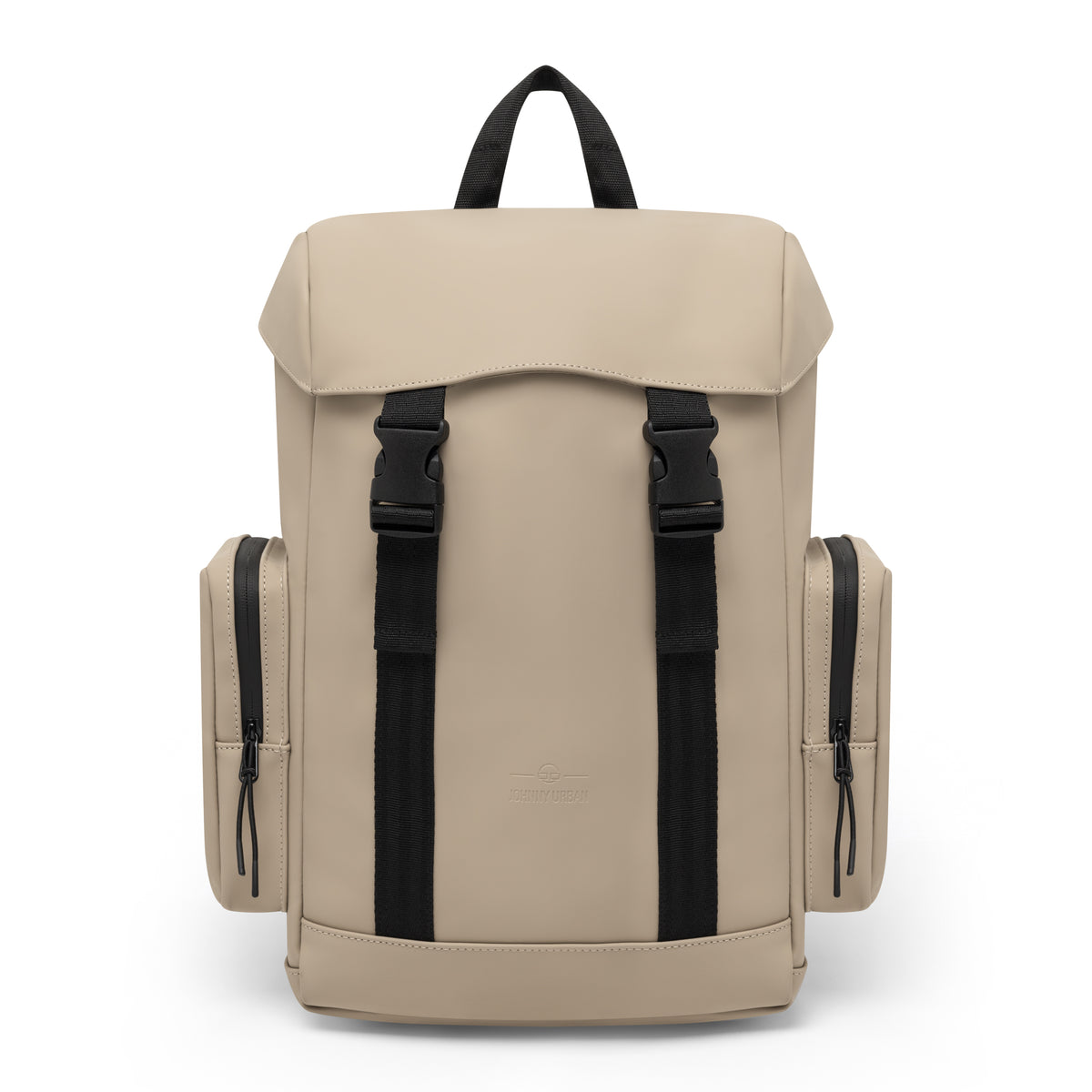 Johnny Urban Rucksack ‚Finley‘ in Beige mit zwei seitlichen Reißverschlusstaschen und schwarzen Gurten