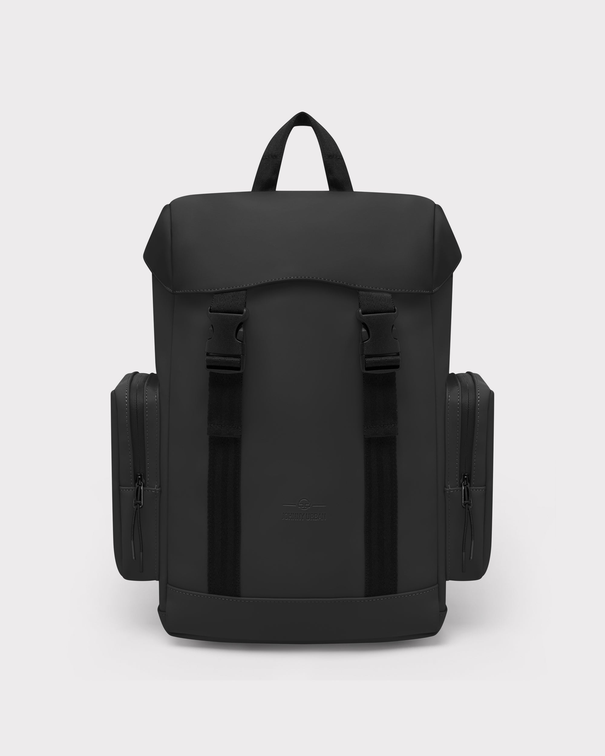 Schwarzer Johnny Urban Rucksack 'Finley' mit zwei seitlichen Reißverschlusstaschen und klappbarem Deckel