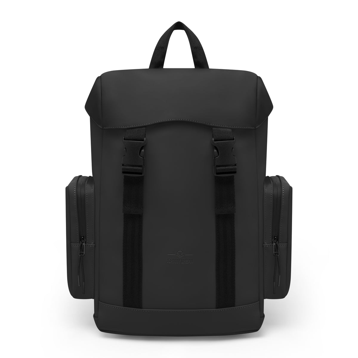 Schwarzer Johnny Urban Rucksack 'Finley' mit zwei seitlichen Reißverschlusstaschen und klappbarem Deckel