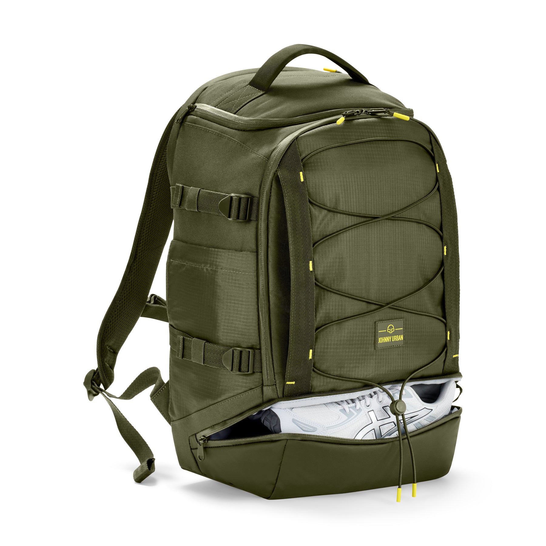 Olivefarbener Rucksack 'Jack' von Johnny Urban mit offenem Schuhfach und einem weißen Sportschuh