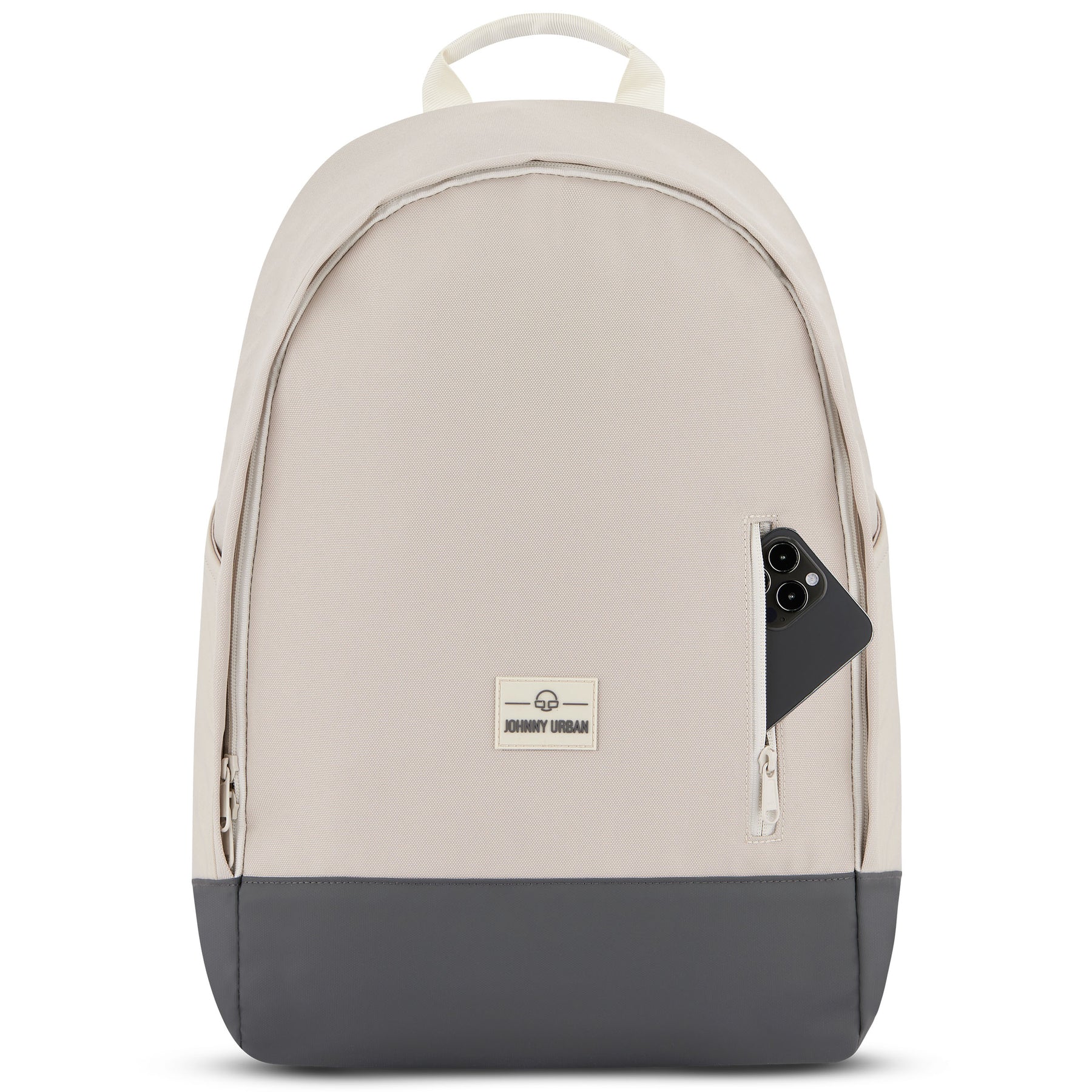 Rucksack 'Neo' von Johnny Urban in Beige mit grauem Boden und seitlicher Reißverschlusstasche mit Smartphone