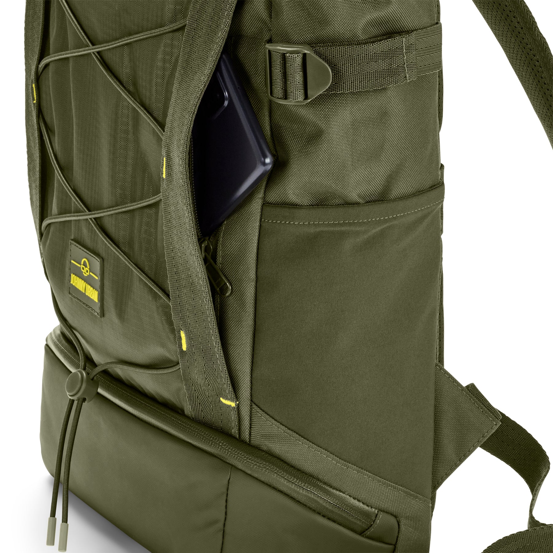 Olivefarbener Rucksack 'Harper' mit mehreren Fächern und einem teilweise sichtbaren schwarzen Smartphone
