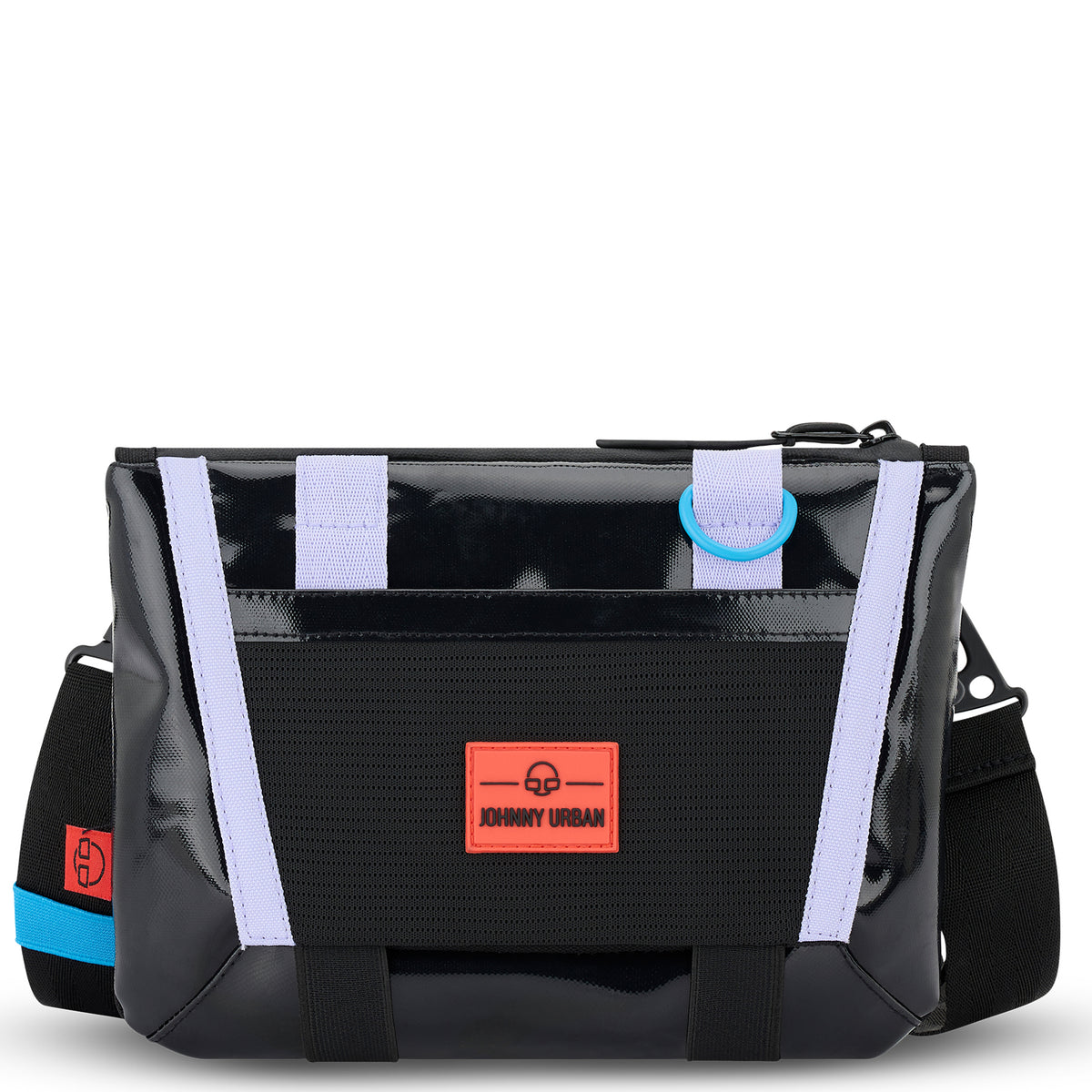 Umhängetasche 'Avery' von Johnny Urban in Schwarz mit weißen und blauen Akzenten aus wasserfestem Material