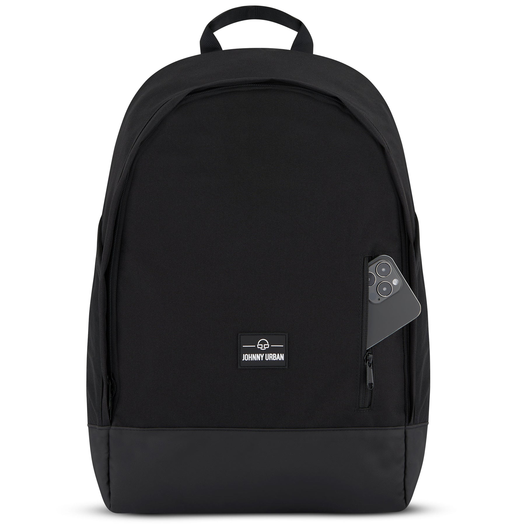 Schwarzer Schulrucksack 'Neo' von Johnny Urban mit kleinem Reißverschlussfach vorne, in dem ein Smartphone steckt