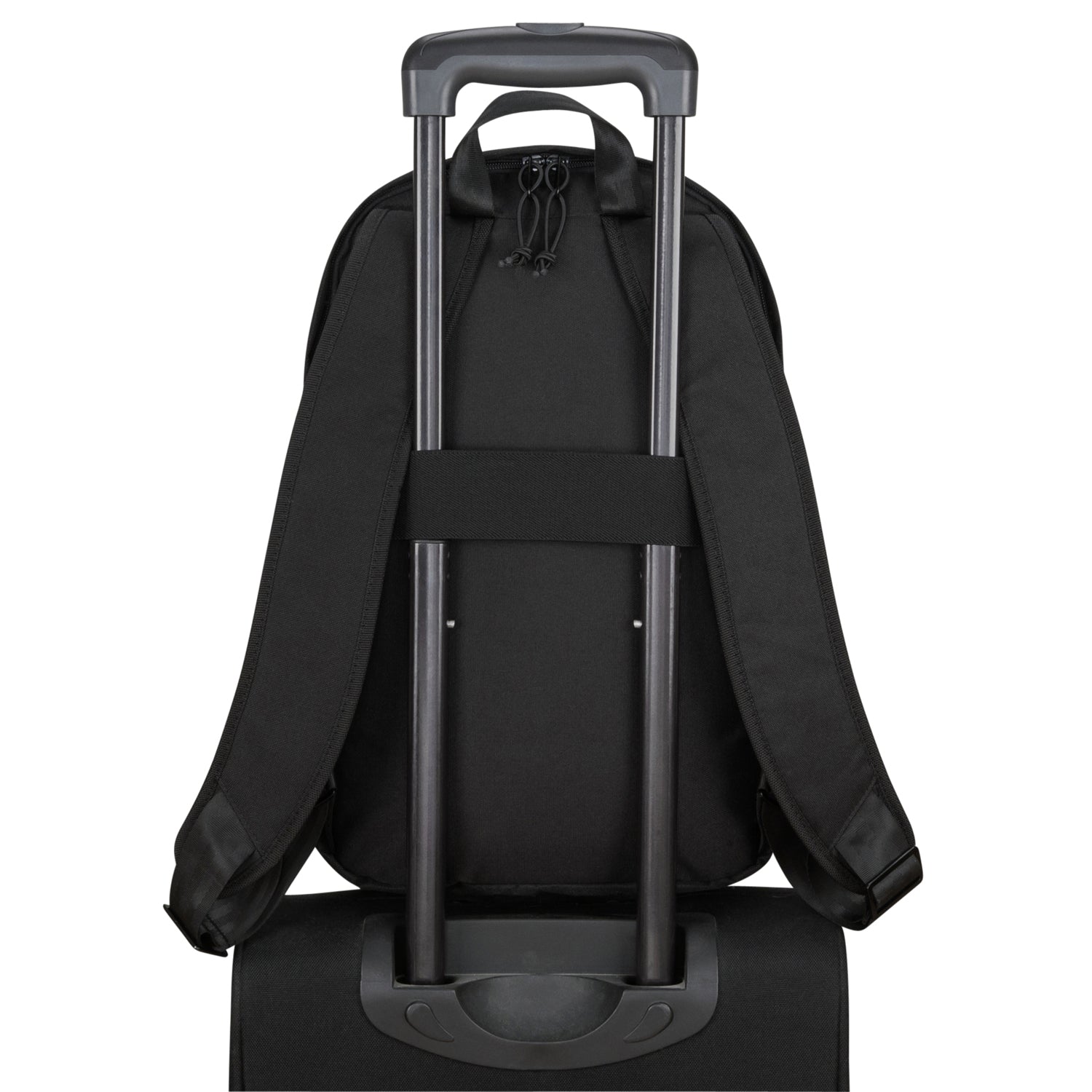 Schwarzer Rucksack 'Milo' mit Trägern auf der Rückseite eines Trolley-Griffs befestigt