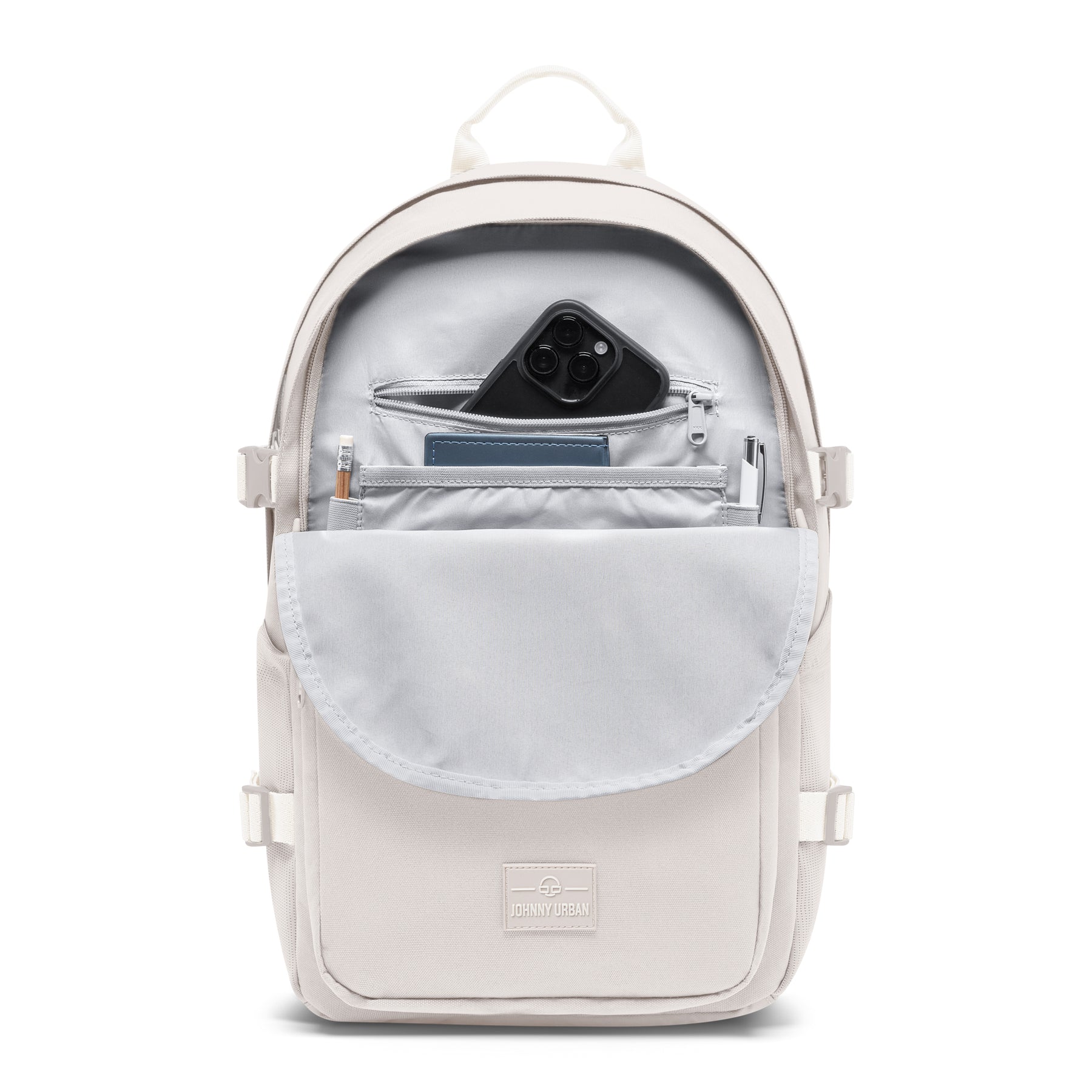Ergonomischer Schulrucksack 'Lian' in Sandfarbe mit geöffnetem Frontfach, innen Smartphone, Notizbuch, Stift und Bleistift
