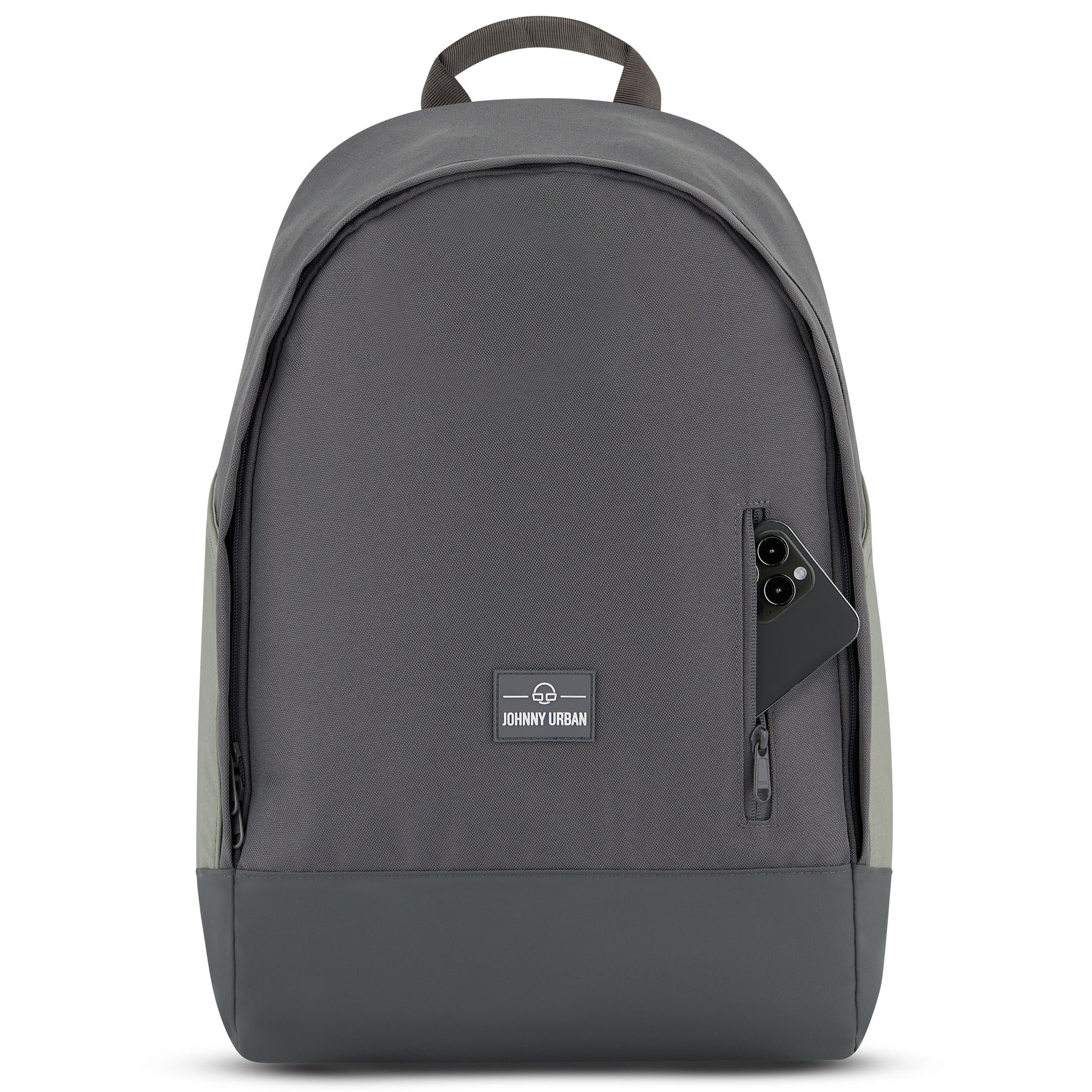 Grauer Schulrucksack 'Neo' von Johnny Urban mit seitlicher Reißverschlusstasche und Smartphone