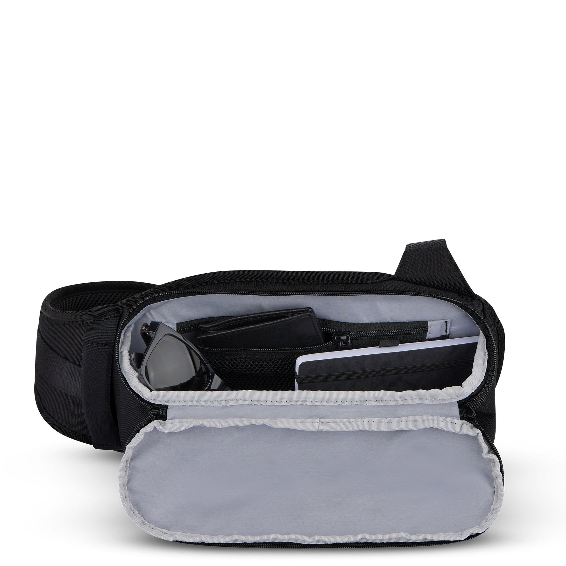 Johnny Urban Sling Bag 'Charlie' in Schwarz, geöffneter Innenraum mit Sonnenbrille, Geldbörse und Tablet