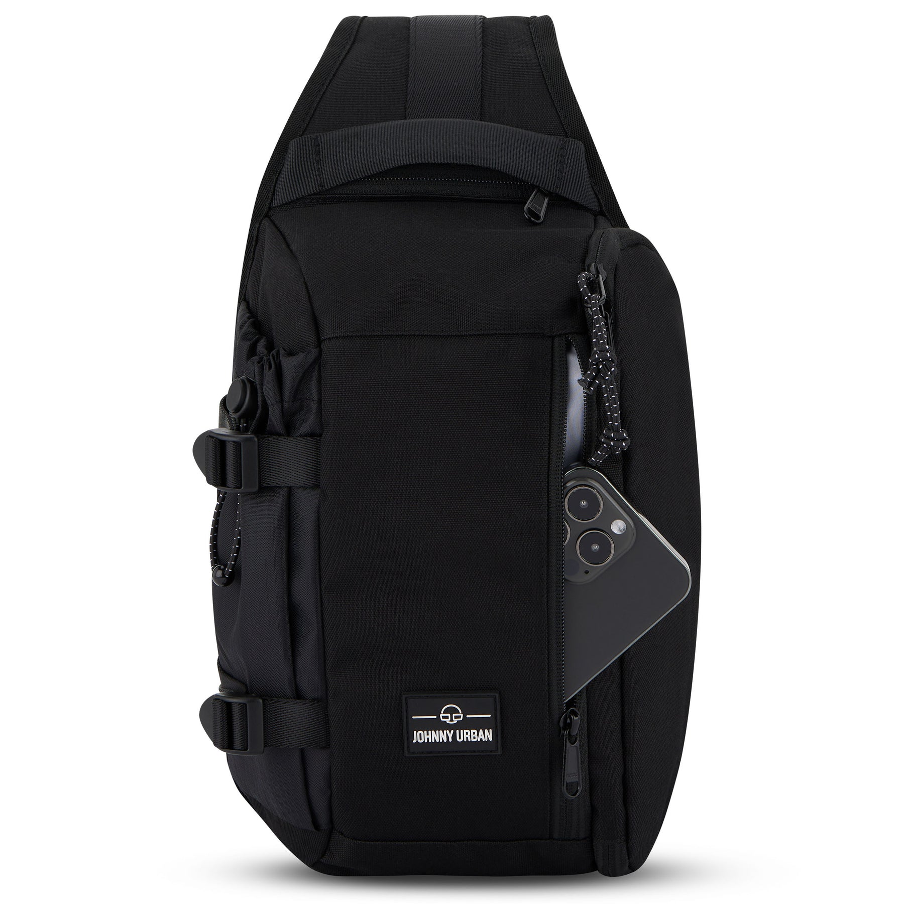 Schwarze Sling Bag 'Charlie' von Johnny Urban mit seitlicher Reißverschlusstasche und Smartphone