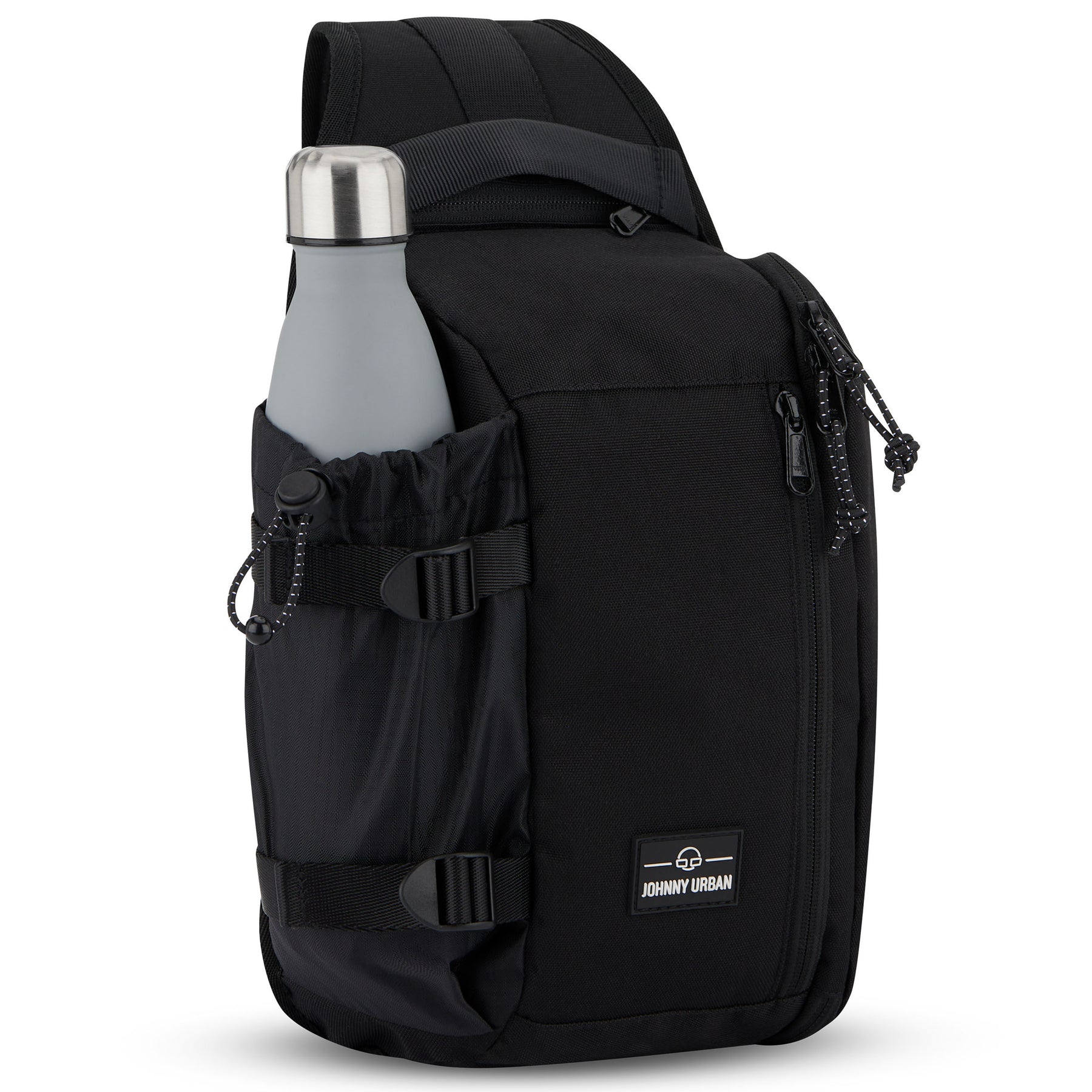 Schwarze Johnny Urban Sling Bag 'Charlie' mit seitlicher Tasche und grauer Trinkflasche