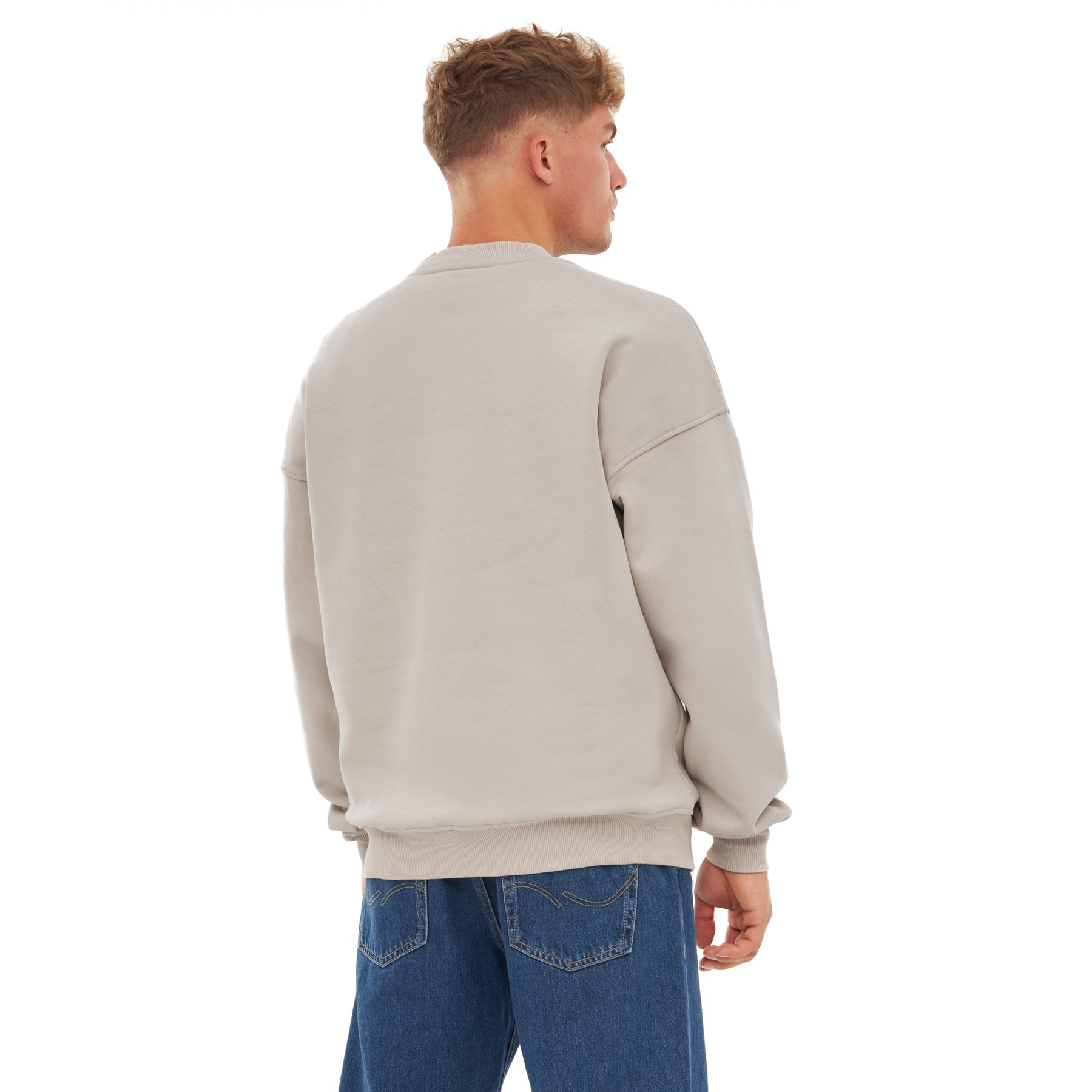 Männliches Model trägt oversize-beigen Crewneck-Sweatshirt 'Carter' von Johnny Urban, Rückansicht