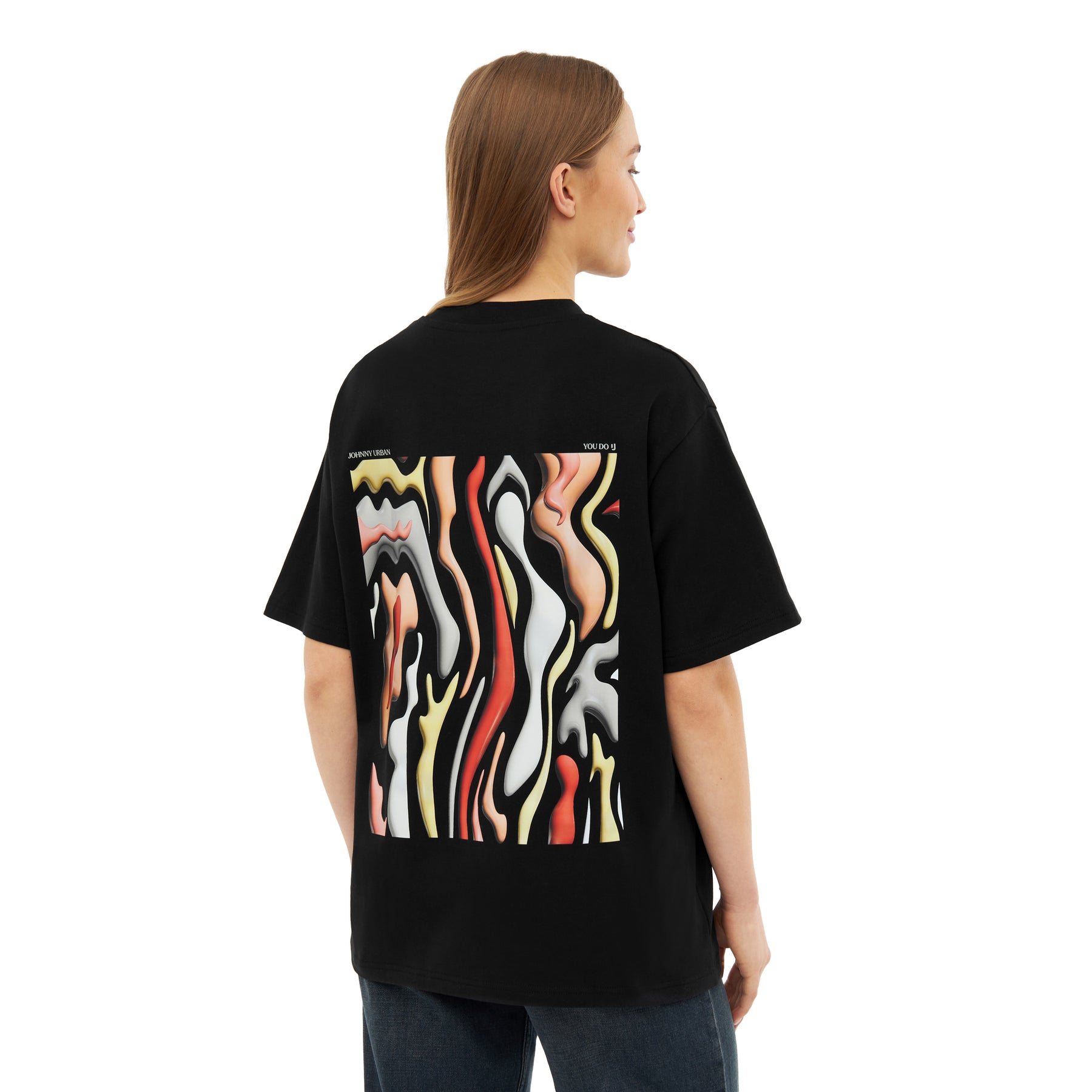 Schwarzes Damen-T-Shirt 'Sammy Lava' mit abstraktem mehrfarbigem Muster auf der Rückseite
