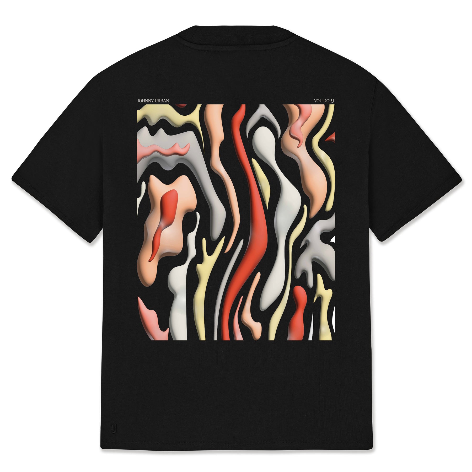 Schwarzes Oversize-T-Shirt 'Sammy Lava' mit abstraktem, fließendem, mehrfarbigem Muster auf dem Rücken und kleinem weißen Schriftzug