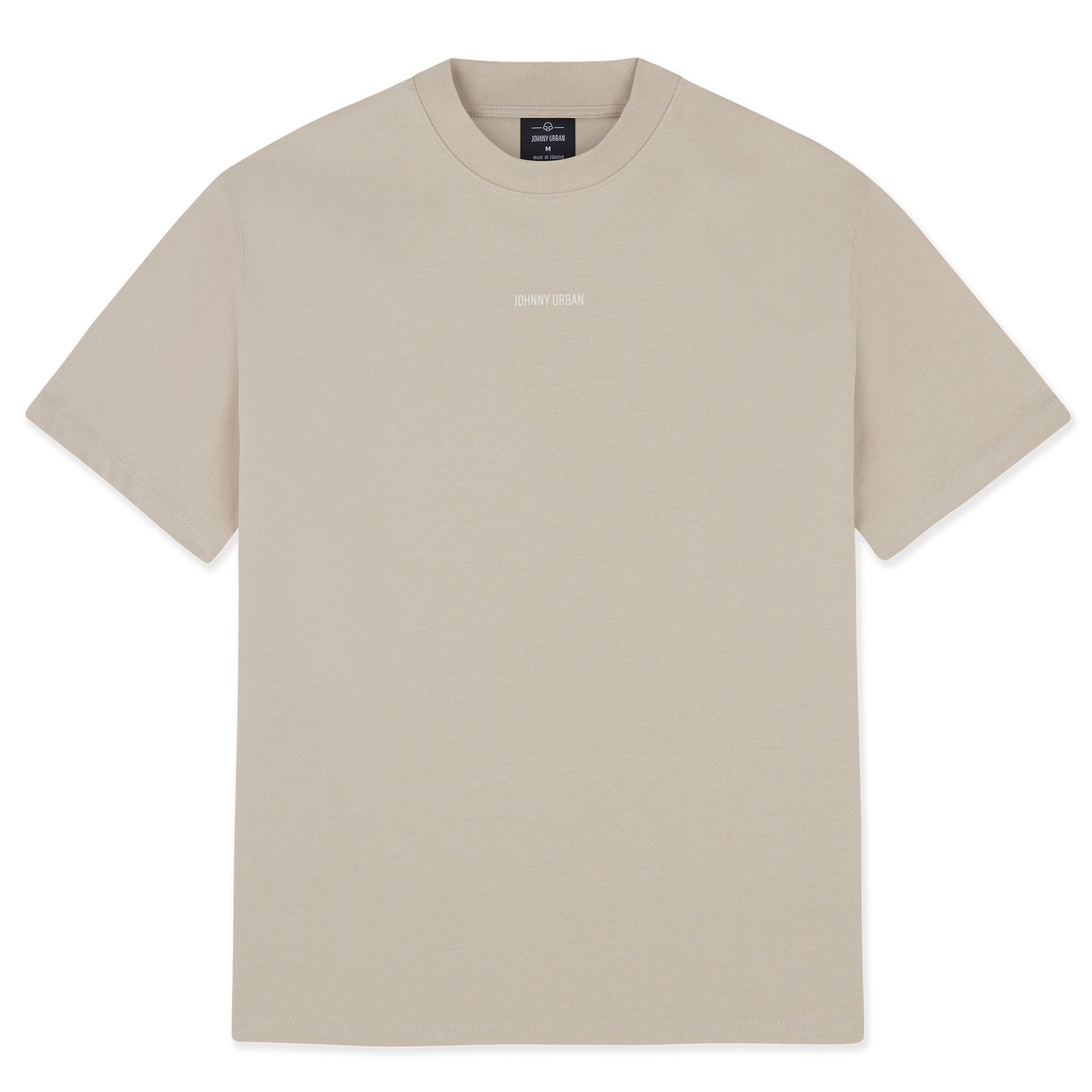 Beiges unisex T-Shirt Sammy Johnny Urban mit kleinem weißen Markenaufdruck vorne
