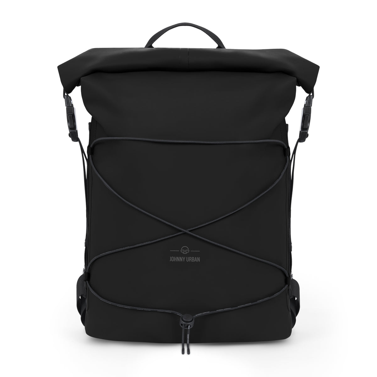 Schwarzer wasserfester Rolltop-Rucksack ‚Myles‘ von Johnny Urban mit elastischem Seil vorne