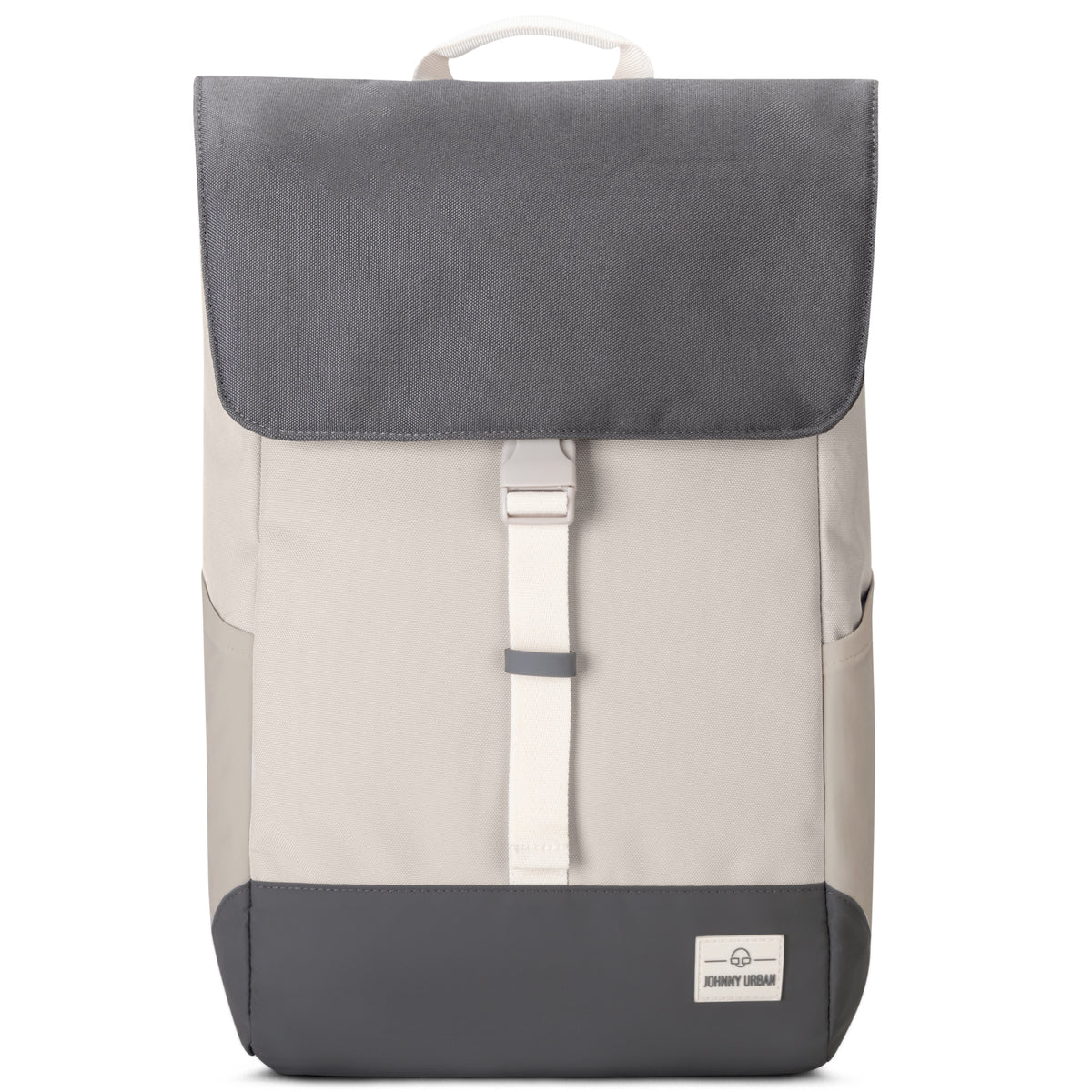 Rucksack 'Mika' in Beige und Grau mit Klappe und Klickverschluss, rechteckige Form, Markenlogo vorne