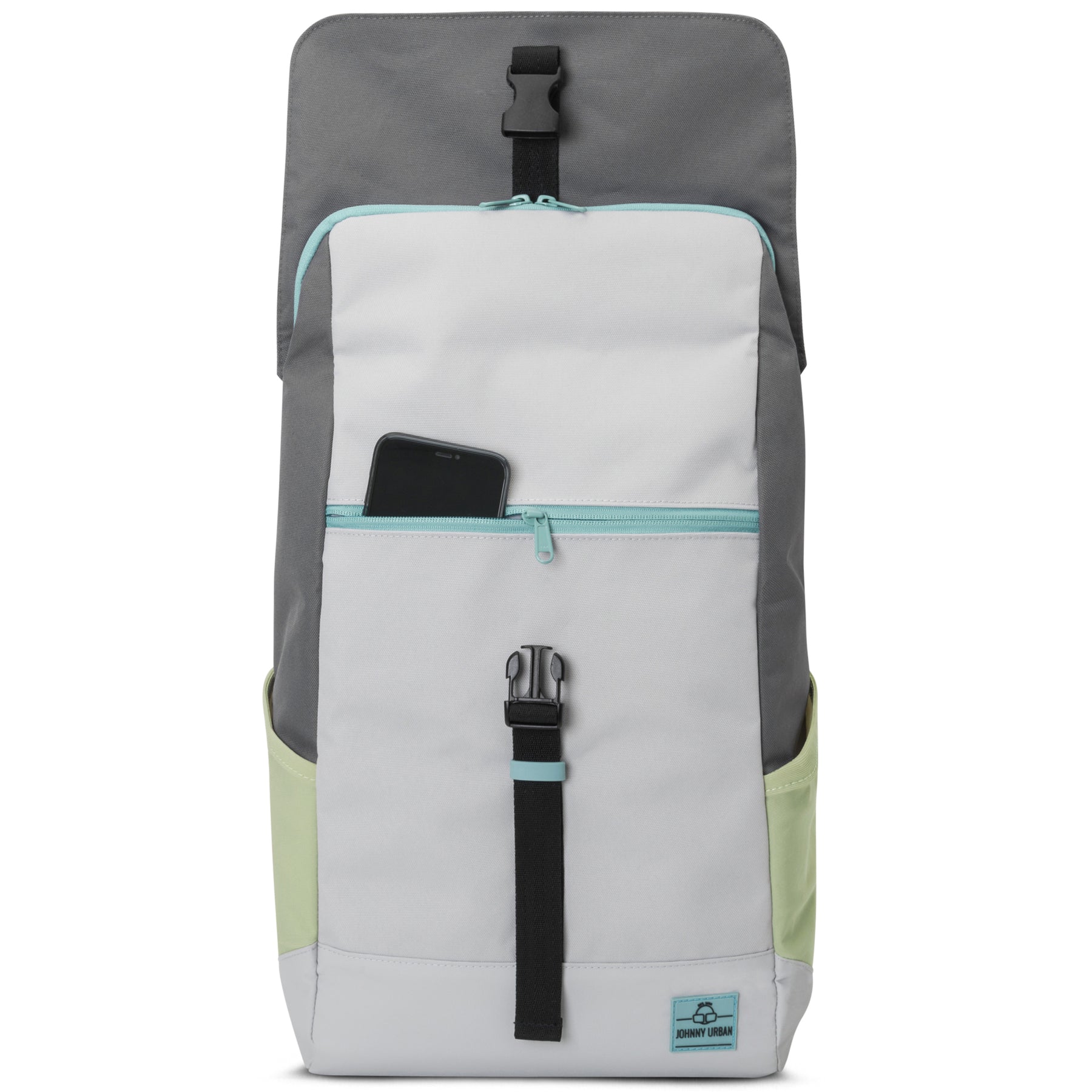Rucksack 'Mika' in Grau, Weiß und Hellgrün mit vielen Fächern, vorne eine kleine Tasche mit Reißverschluss und einem schwarzen Handy darin
