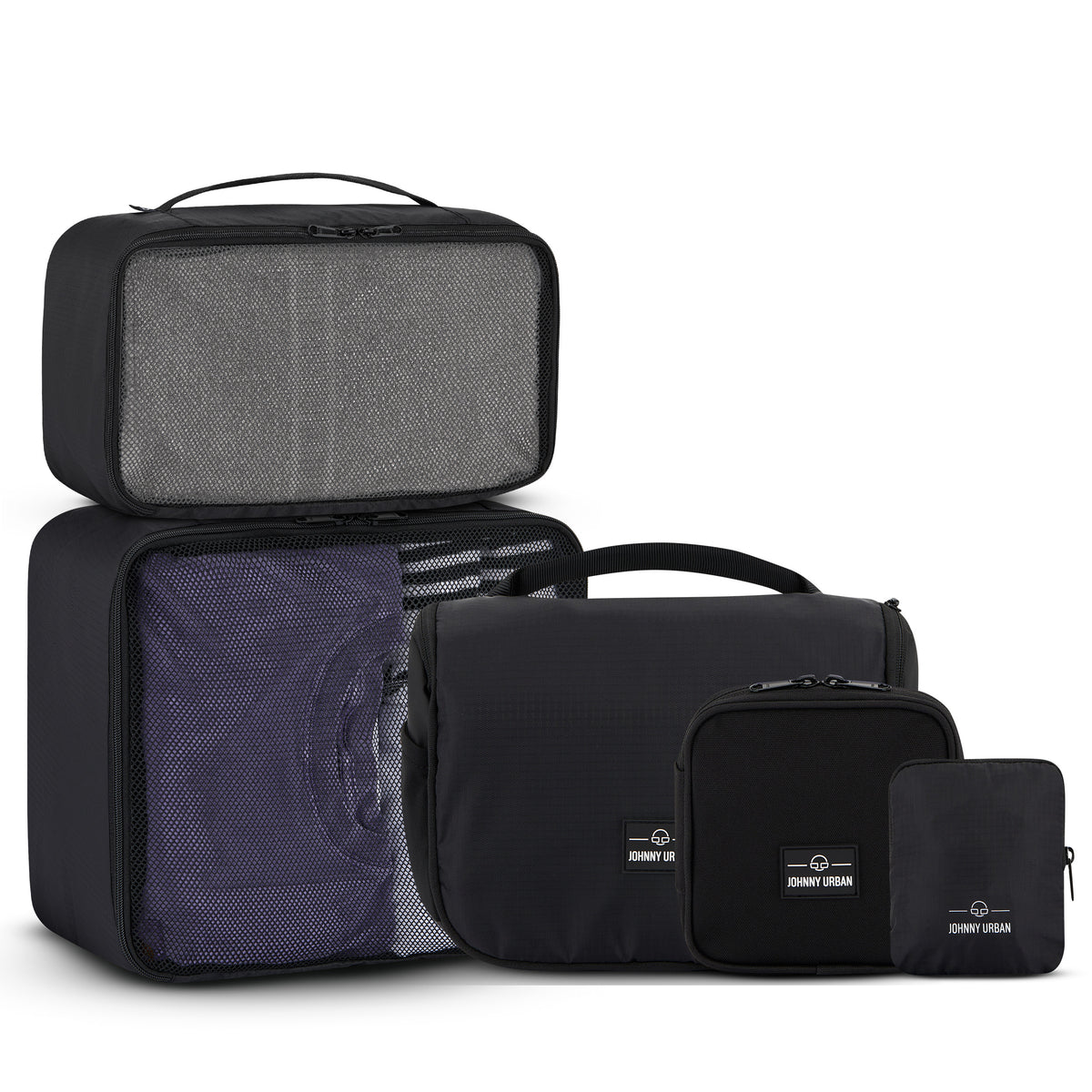 Johnny Urban Reise-Accessoire-Bündel mit zwei schwarzen Verpackungstaschen mit Netzfront und drei schwarzen Tragetaschen in verschiedenen Größen