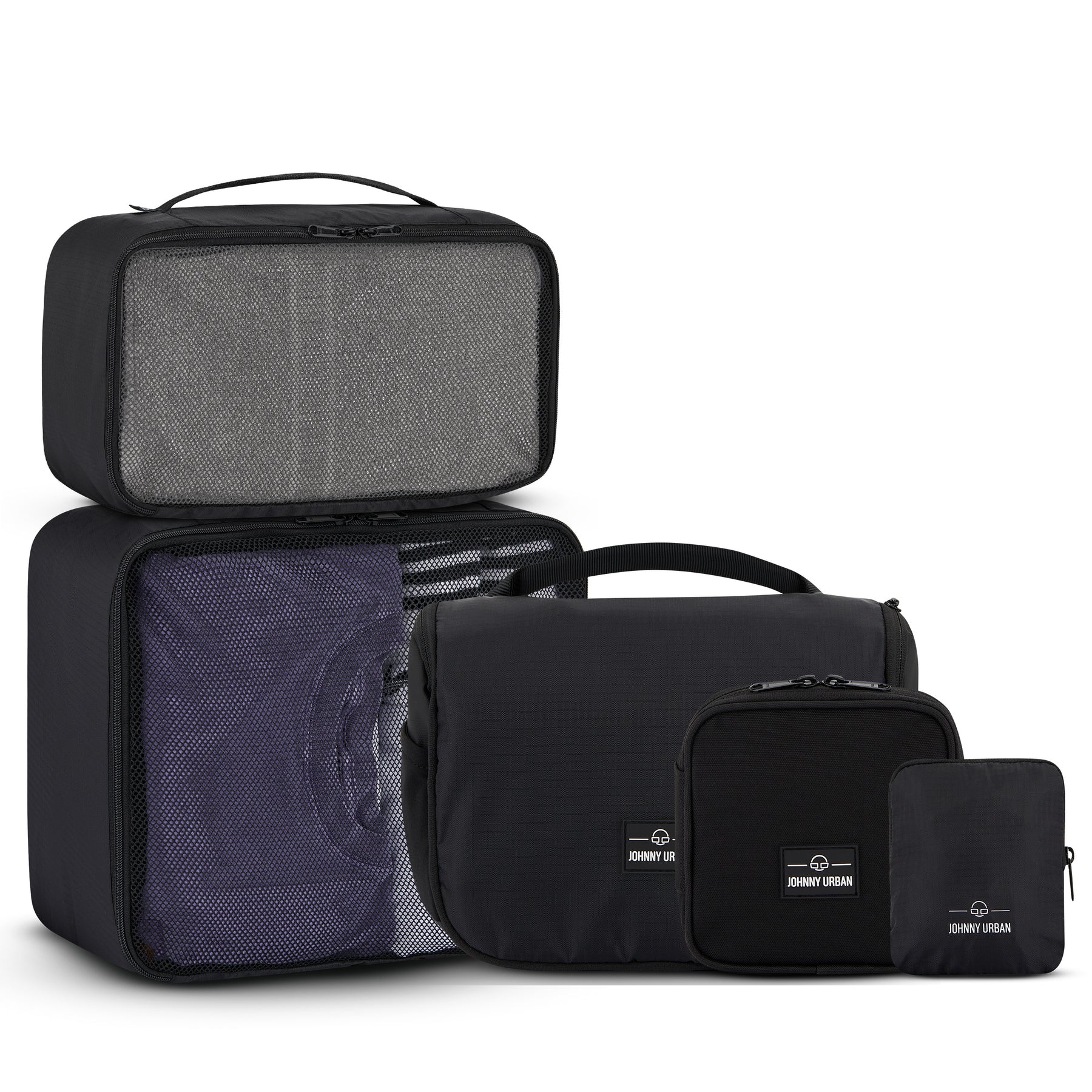 Johnny Urban Reise-Accessoire-Bündel mit zwei schwarzen Verpackungstaschen mit Netzfront und drei schwarzen Tragetaschen in verschiedenen Größen