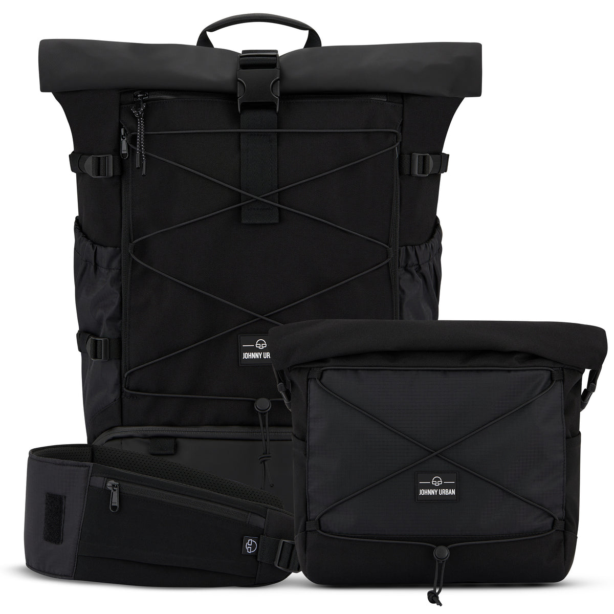 Schwarzes Johnny Urban Travel Advanced Bundle L mit großem Rolltop-Rucksack und passender Umhängetasche
