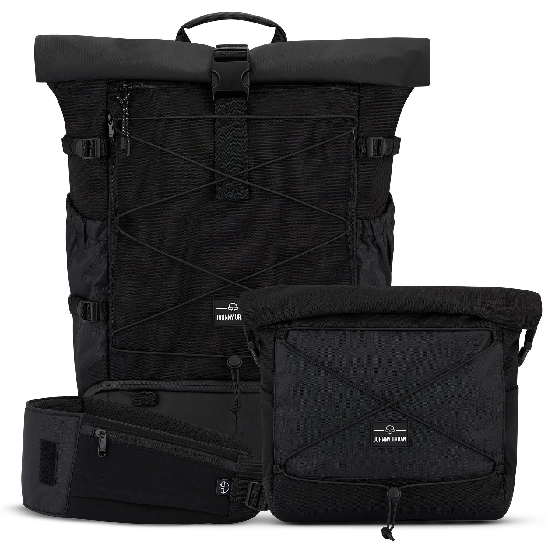 Schwarzes Johnny Urban Travel Advanced Bundle L mit großem Rolltop-Rucksack und passender Umhängetasche