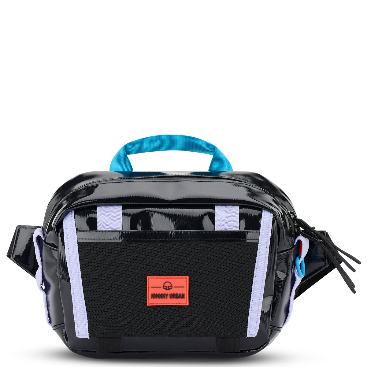 Schwarze wasserdichte Lenkertasche 'Nelson' von Johnny Urban mit lila Akzenten und blauem Tragegriff