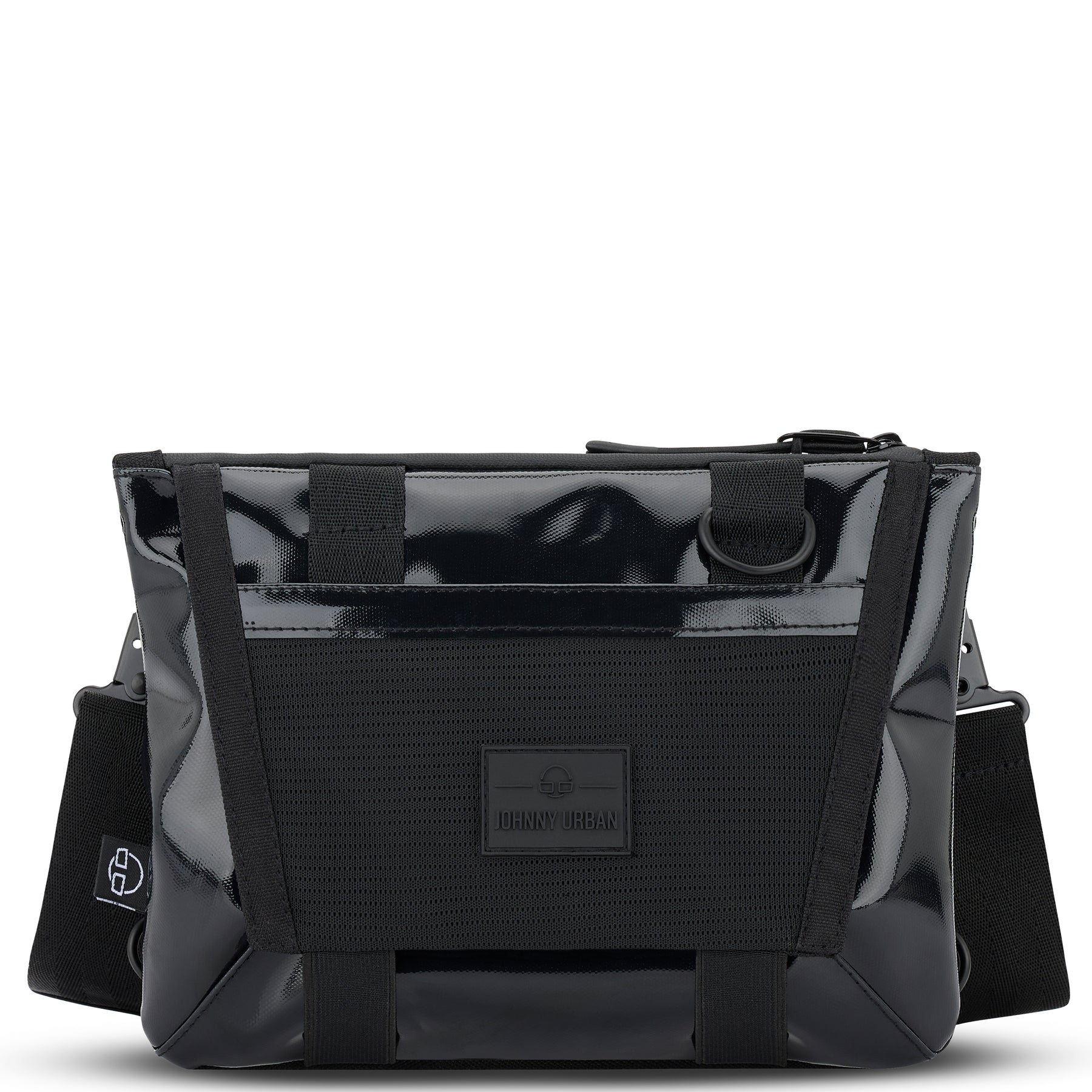 Schwarze Johnny Urban Umhängetasche 'Avery' aus glänzendem Material mit verstellbarem Gurt und Logo-Label vorne