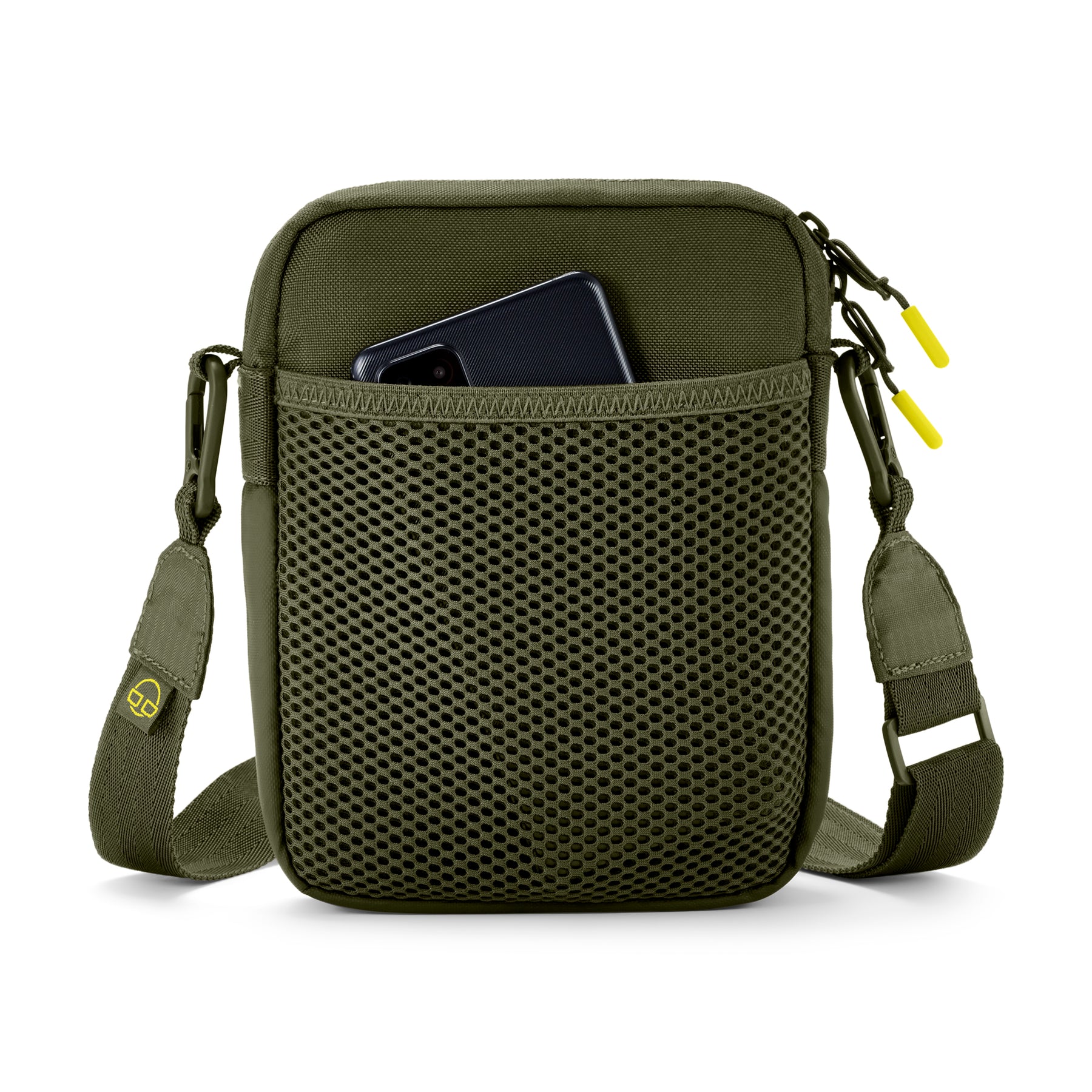 Kleine Umhängetasche 'Jayden' in Olivgrün mit Mesh-Vordertasche und einem Smartphone darin
