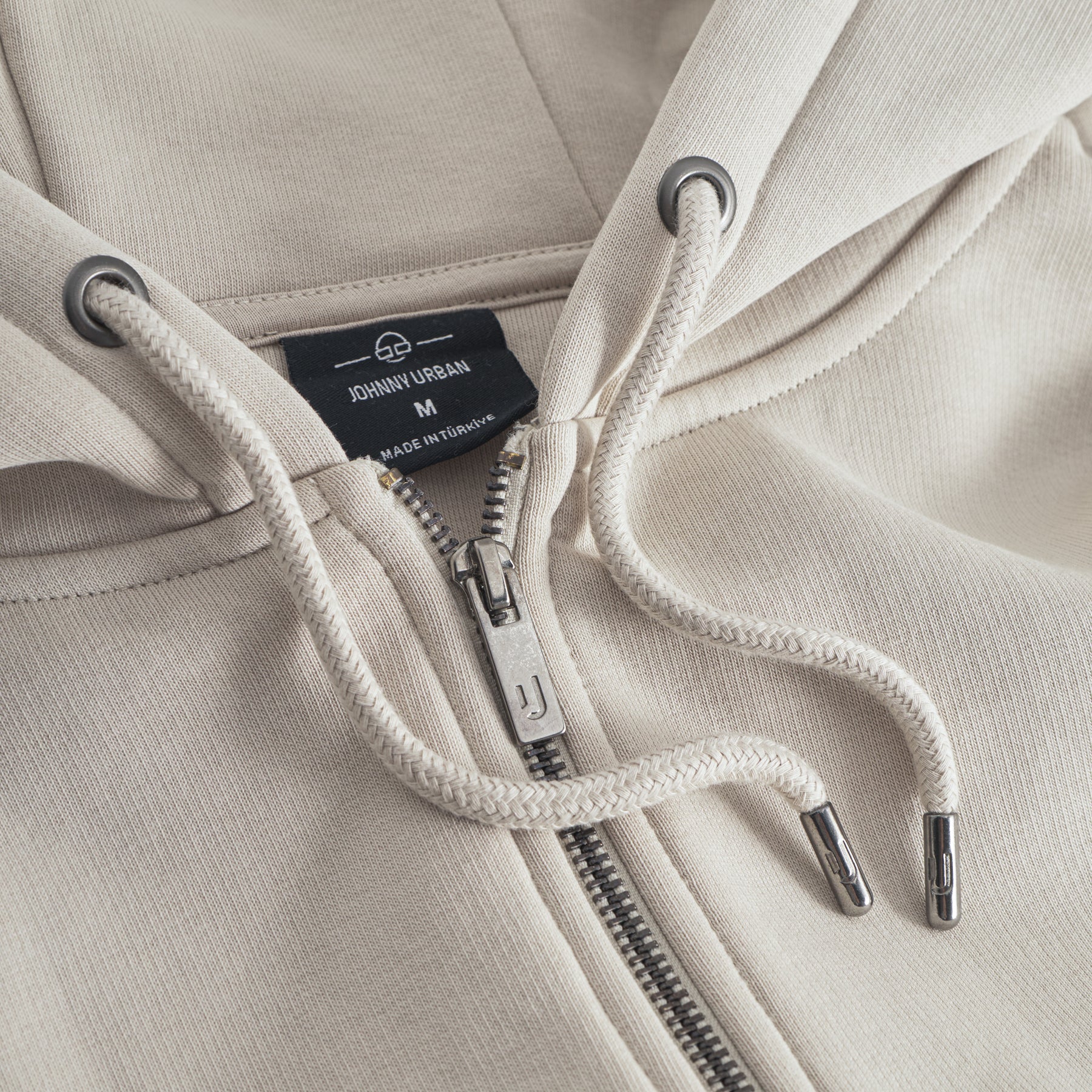 Beige Oversized Zip-Hoodie 'Caleb' von Johnny Urban mit Metallreißverschluss und Kordelzug an der Kapuze