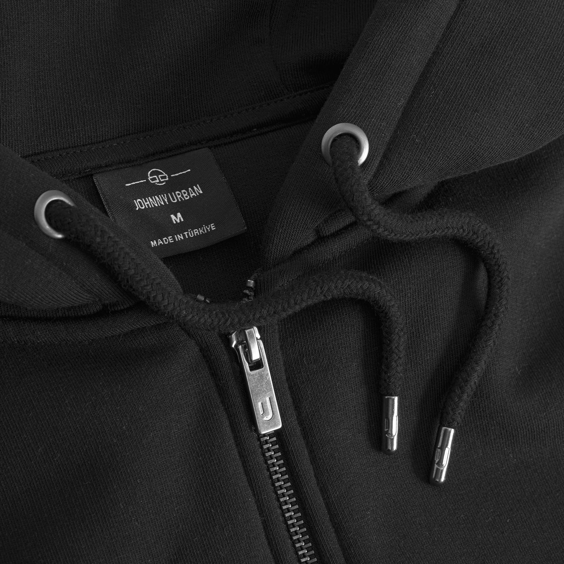 Schwarzer Oversized Zip Hoodie 'Caleb' von Johnny Urban mit Metallreißverschluss und Kordelzugenden
