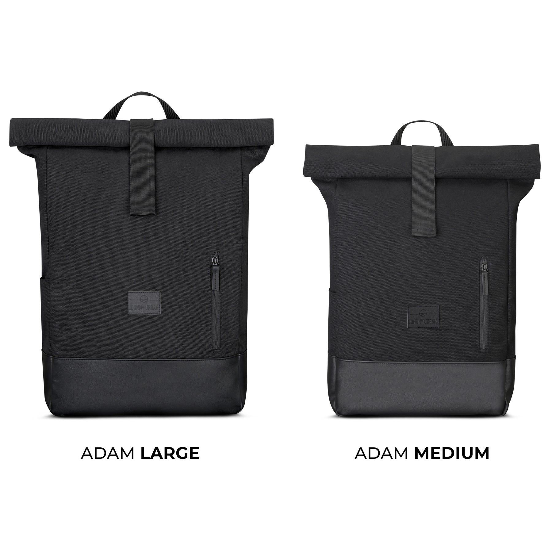 Zwei schwarze Rolltop-Rucksäcke der Marke Johnny Urban, Modell Adam, in Größen Large und Medium mit Fronttasche und Lederboden