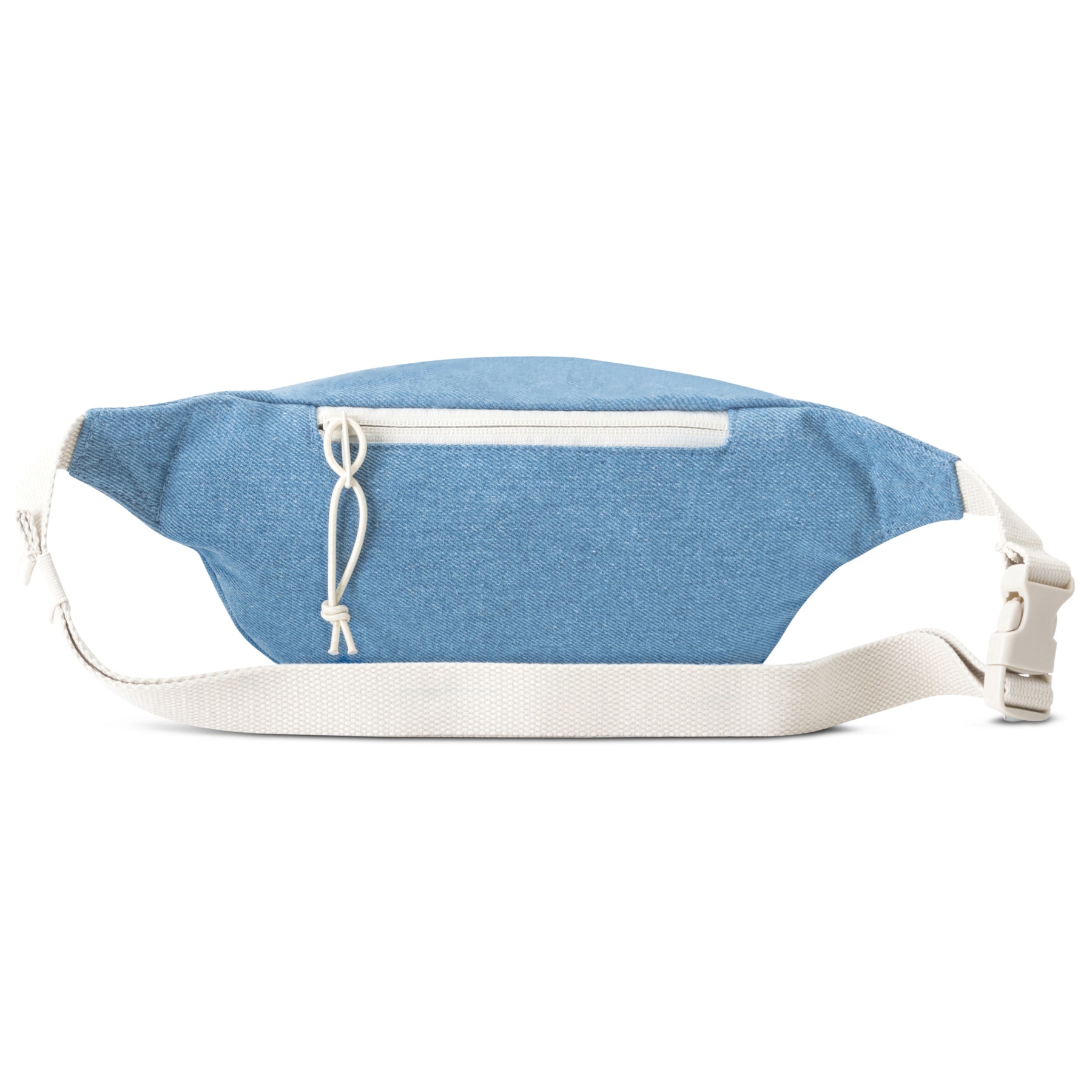 Bauchtasche 'Toni' aus blauem Denim mit weißem Reißverschluss und verstellbarem weißen Gurt
