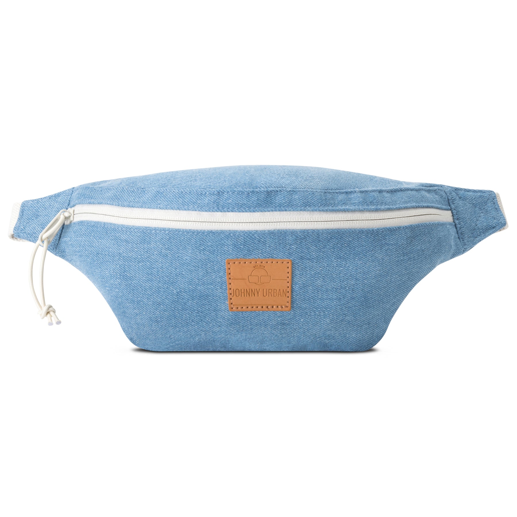 Johnny Urban Bauchtasche 'Toni' aus blauem Denim mit weißem Reißverschluss und braunem Lederlogo