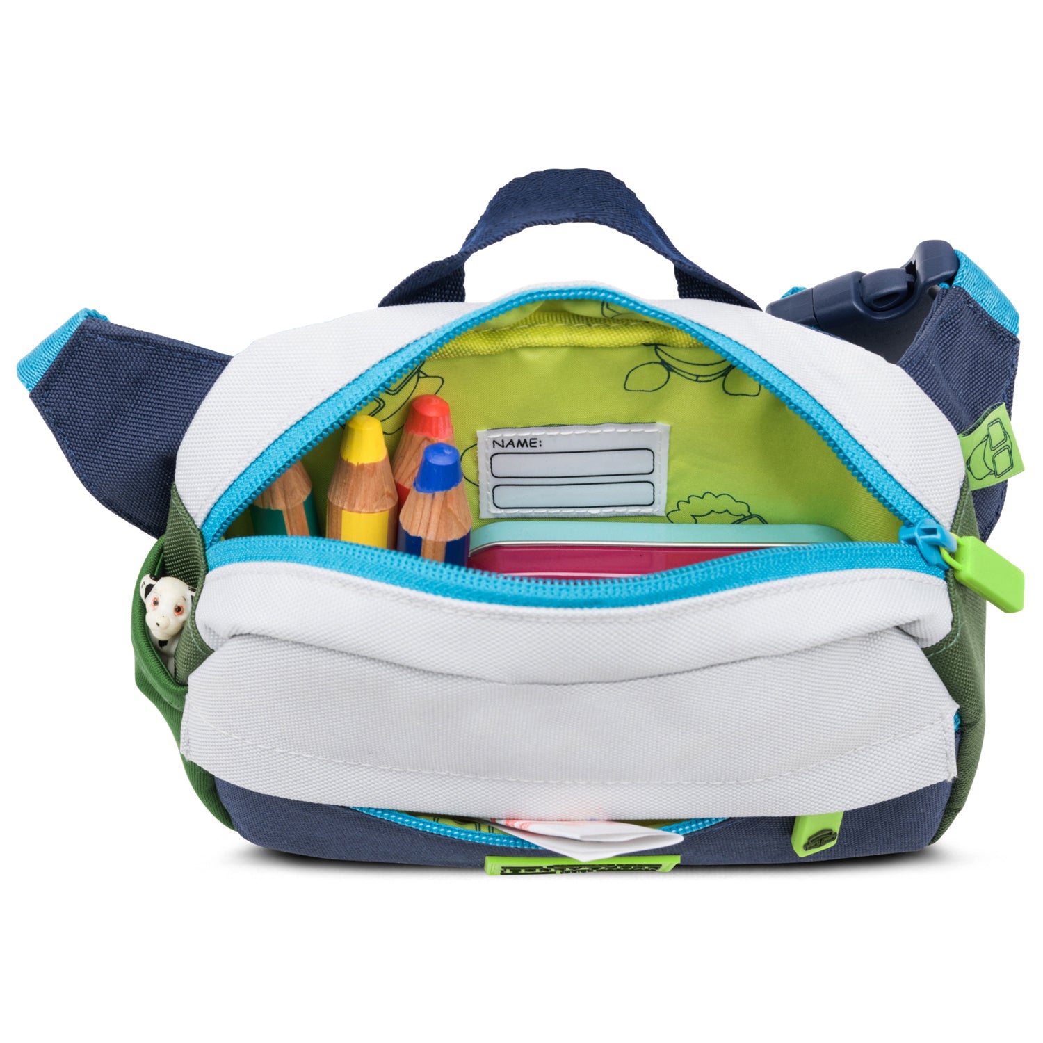 Kinder Bauchtasche 'Felix' blau mit bunten Stiften und Namensfeld innen