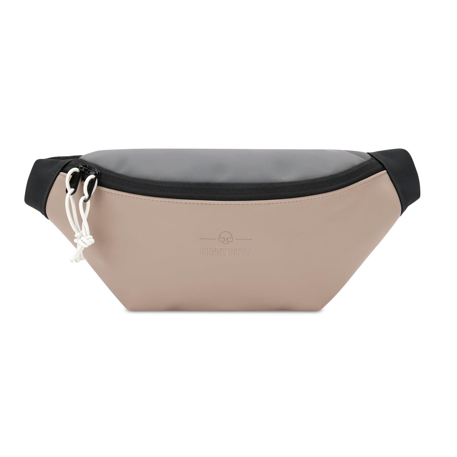 Beige-graue Bauchtasche 'Riley' von Johnny Urban mit schwarzem Reißverschluss und weißen Zuglaschen