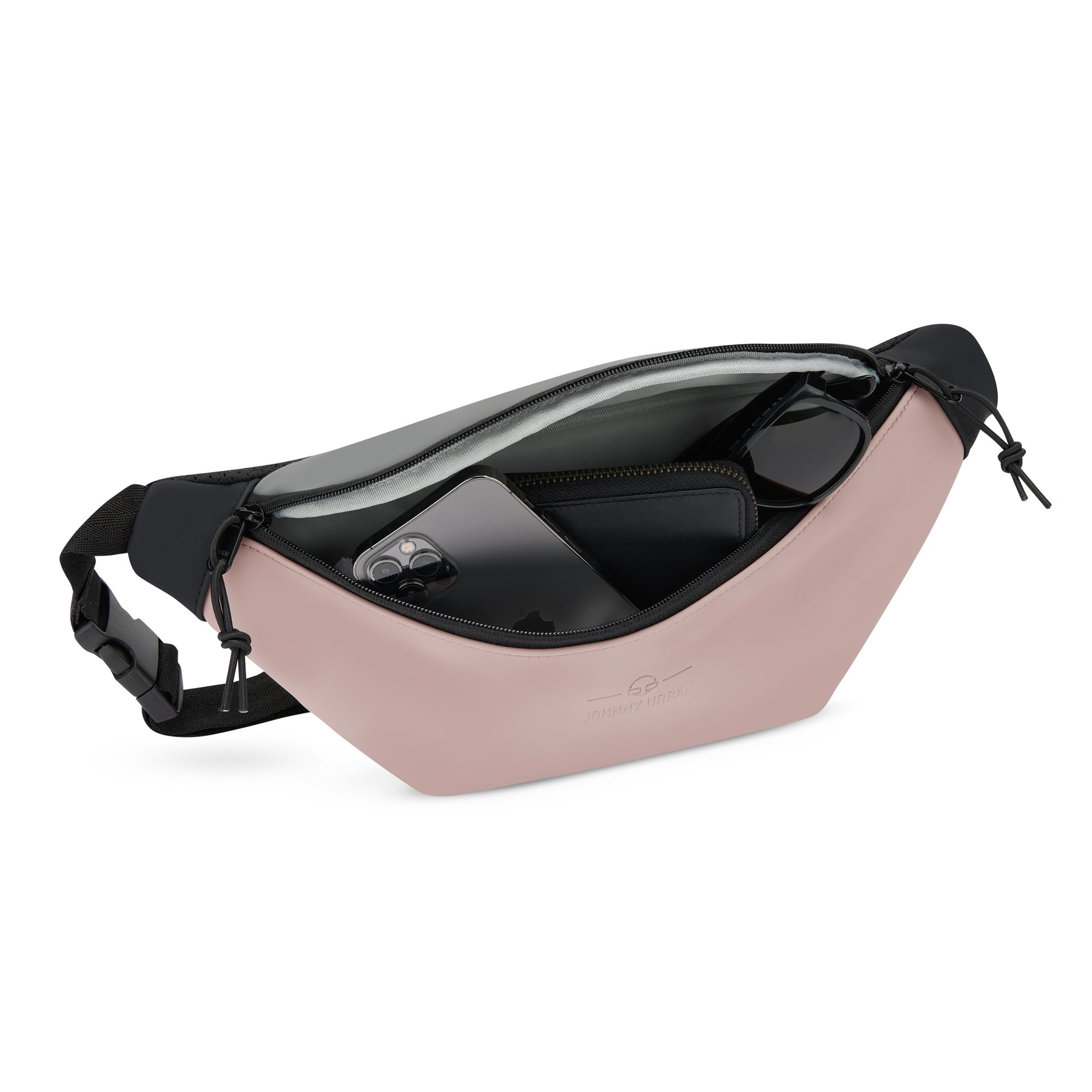Große Bauchtasche 'Riley' von Johnny Urban in Rosa mit schwarzem Gurt, geöffnet mit sichtbarem Handy, Geldbörse und Sonnenbrille