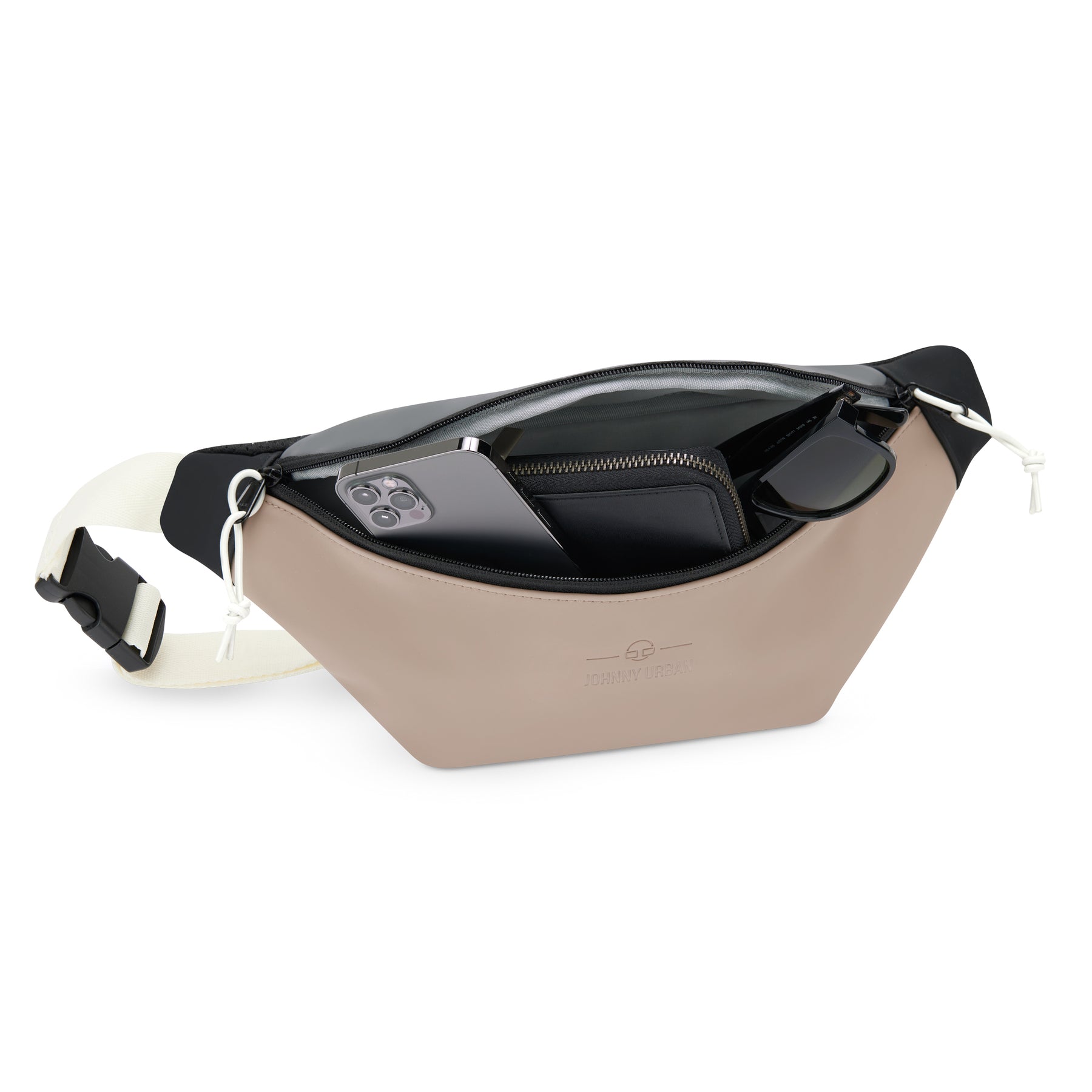 Beige-graue Bauchtasche 'Riley' von Johnny Urban offen mit Smartphone, Geldbörse und Sonnenbrille darin