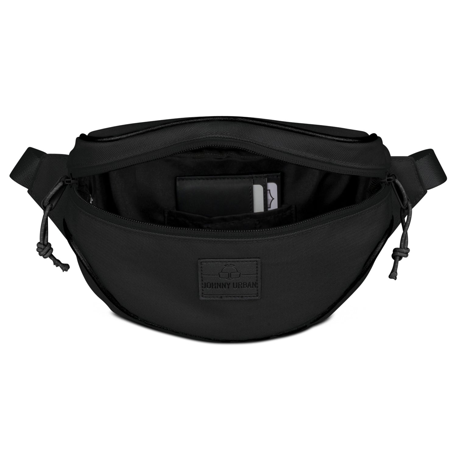 Schwarze Bauchtasche 'Ben' von Johnny Urban, geöffnet, zeigt Innenfach mit Kartenfächern und Reißverschlüssen