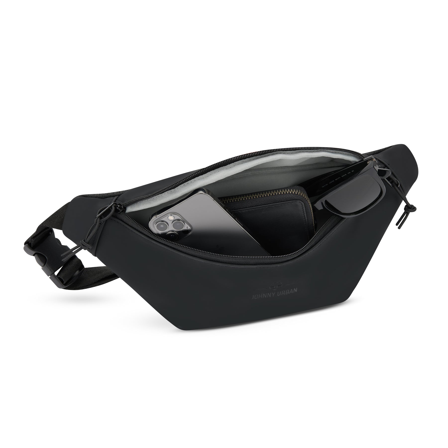 Schwarze große Bauchtasche 'Riley' von Johnny Urban mit Smartphone, Geldbörse und Sonnenbrille im Hauptfach