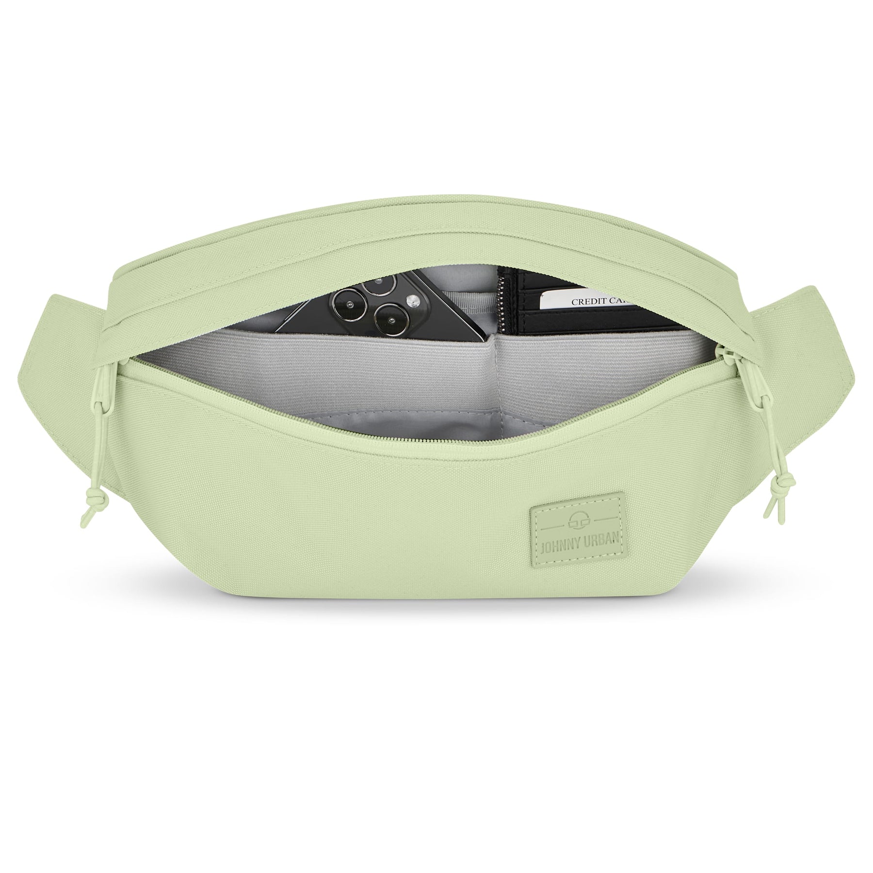 Limefarbene Bauchtasche 'Tom' von Johnny Urban mit offenem Reißverschluss, sichtbar Smartphone und Kreditkartenfach