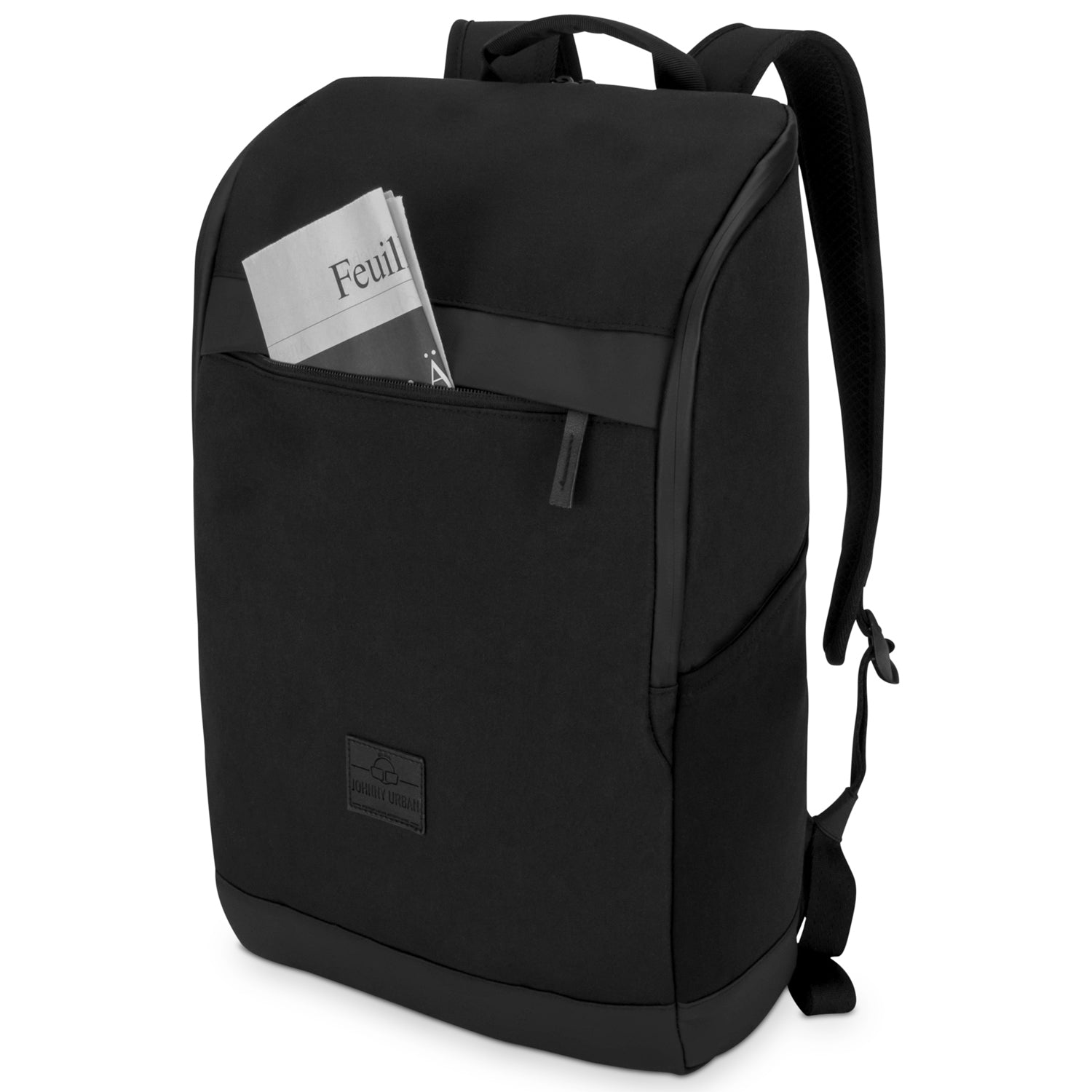 Schwarzer Business-Rucksack Jasper mit Außenfach und Zeitung in der Tasche