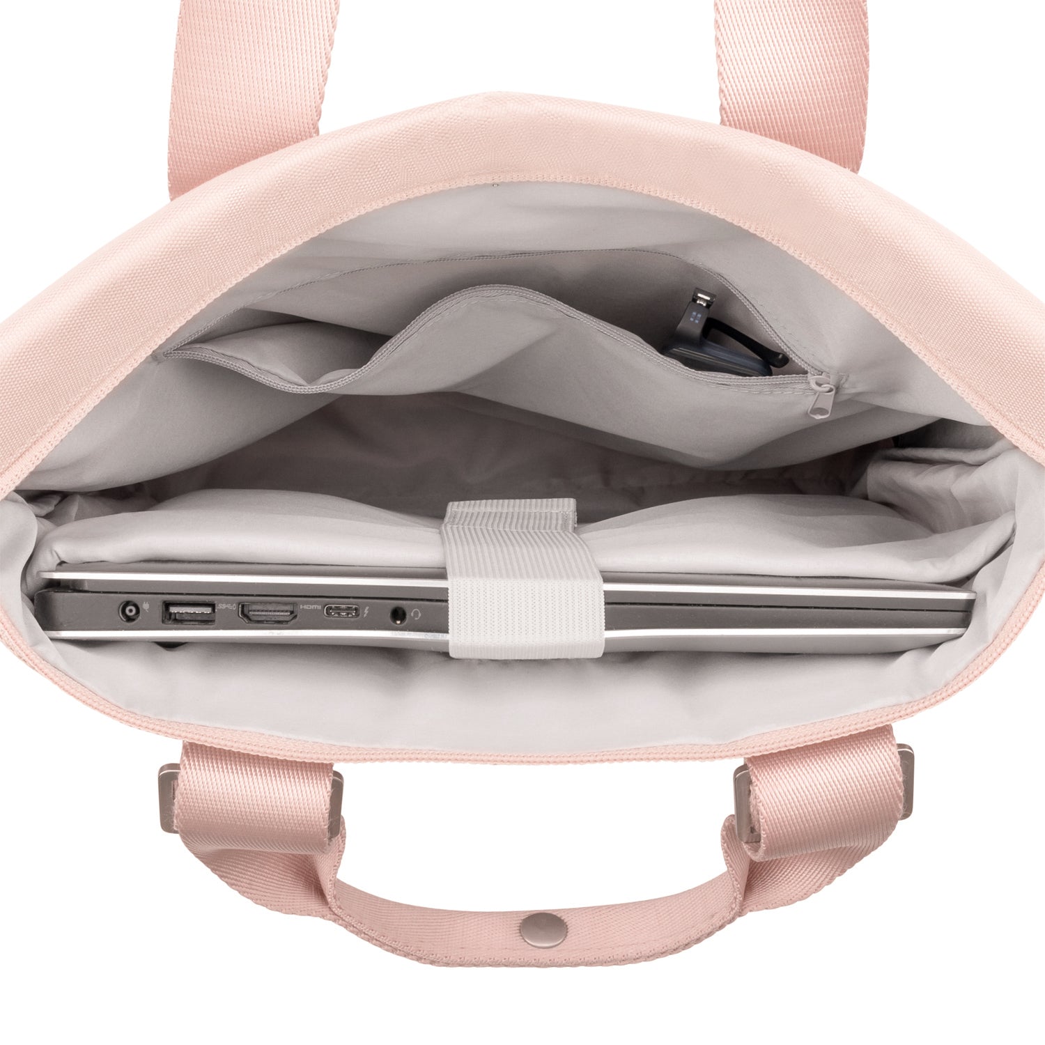 Geöffneter rosa Business-Rucksack der Marke Johnny Urban mit Laptopfach und Zubehörfach innen