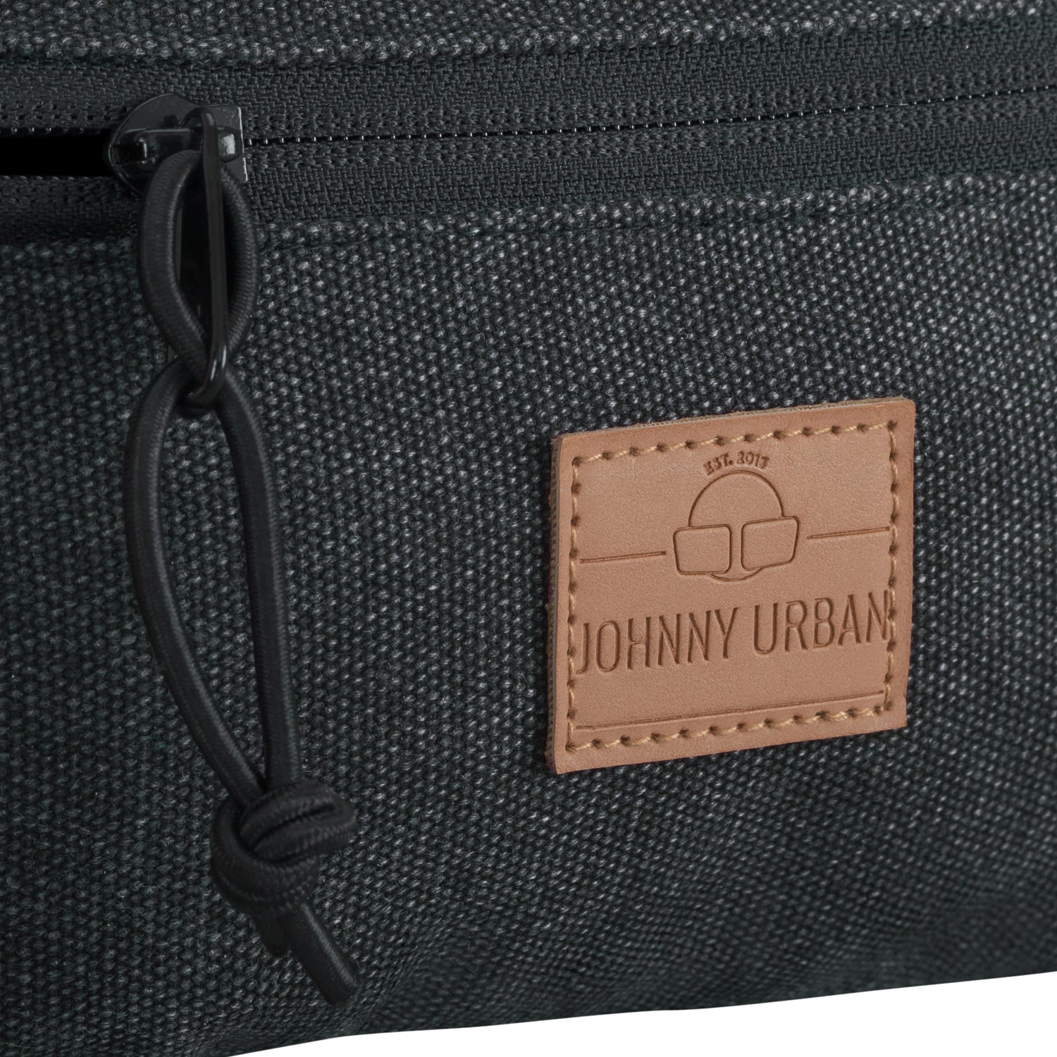 Anthrazitfarbene vegane Canvas-Bauchtasche 'Toni' mit Lederetikett und Reißverschluss mit Kordel