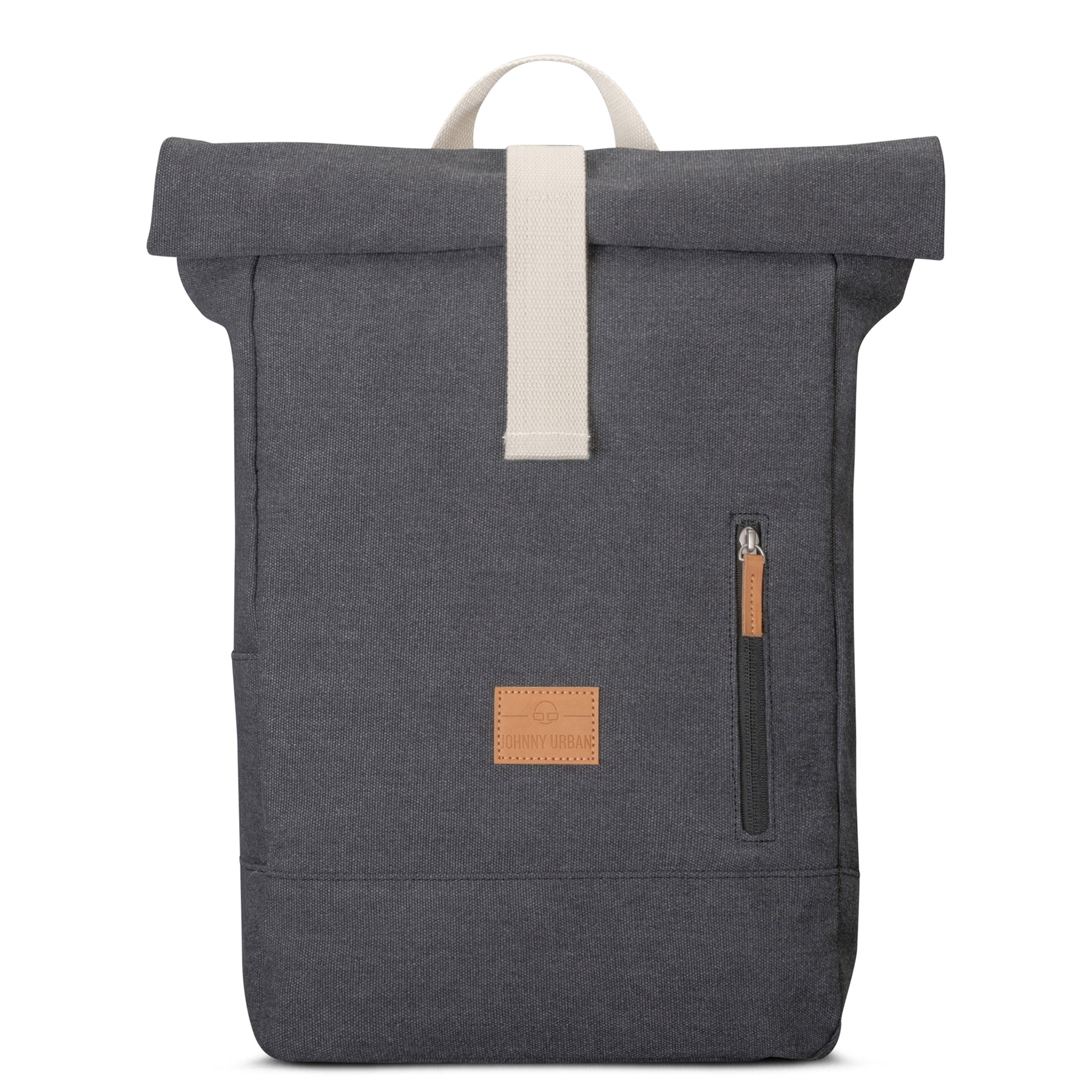 Rolltop Rucksack 'Adam Medium' von Johnny Urban, dunkelgrau mit hellem Verschlussriemen und vorderer Reißverschlusstasche