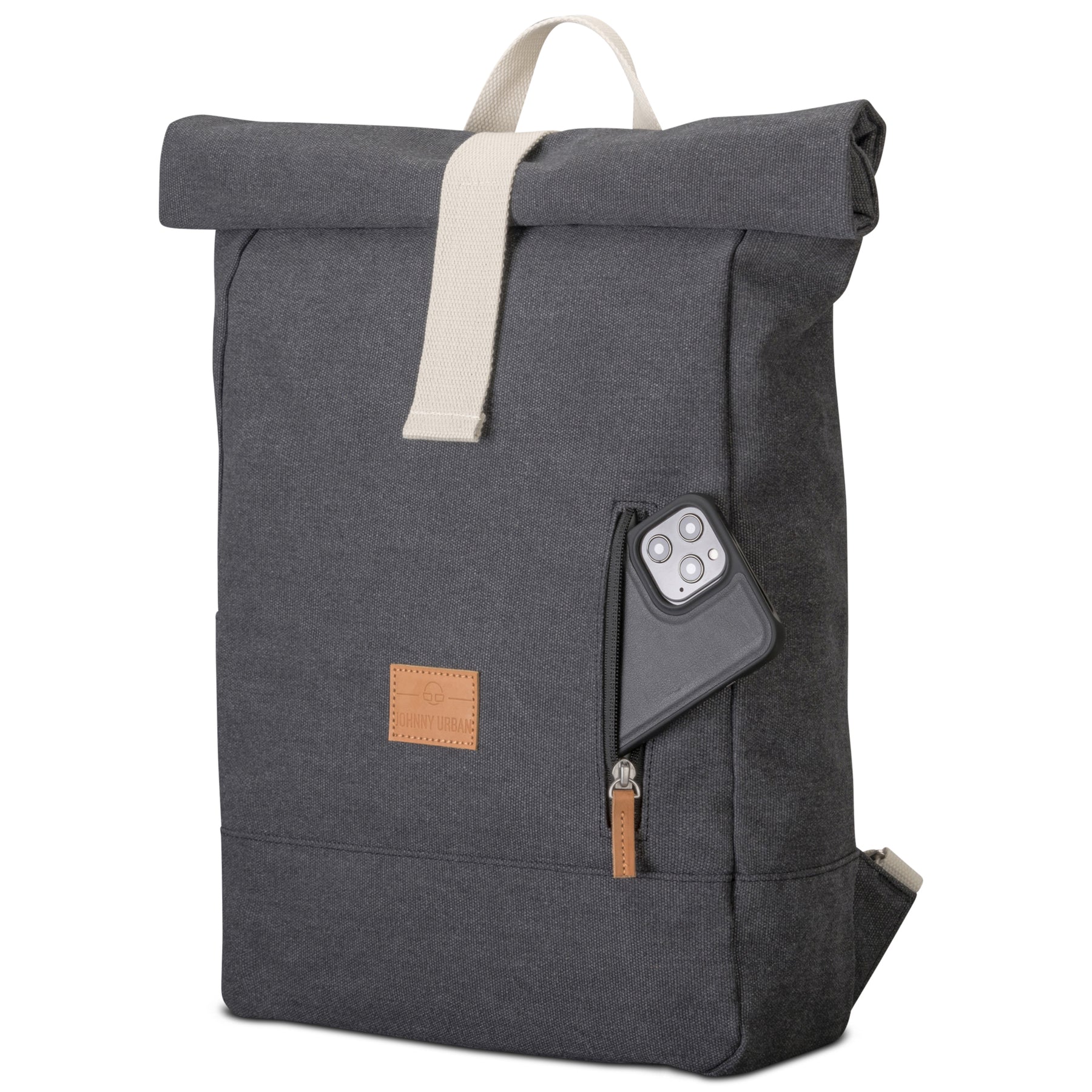 Johnny Urban Rolltop Rucksack 'Adam Medium' aus dunkelgrauem Canvas mit hellem Tragegriff und seitlicher Reißverschlusstasche mit Smartphone