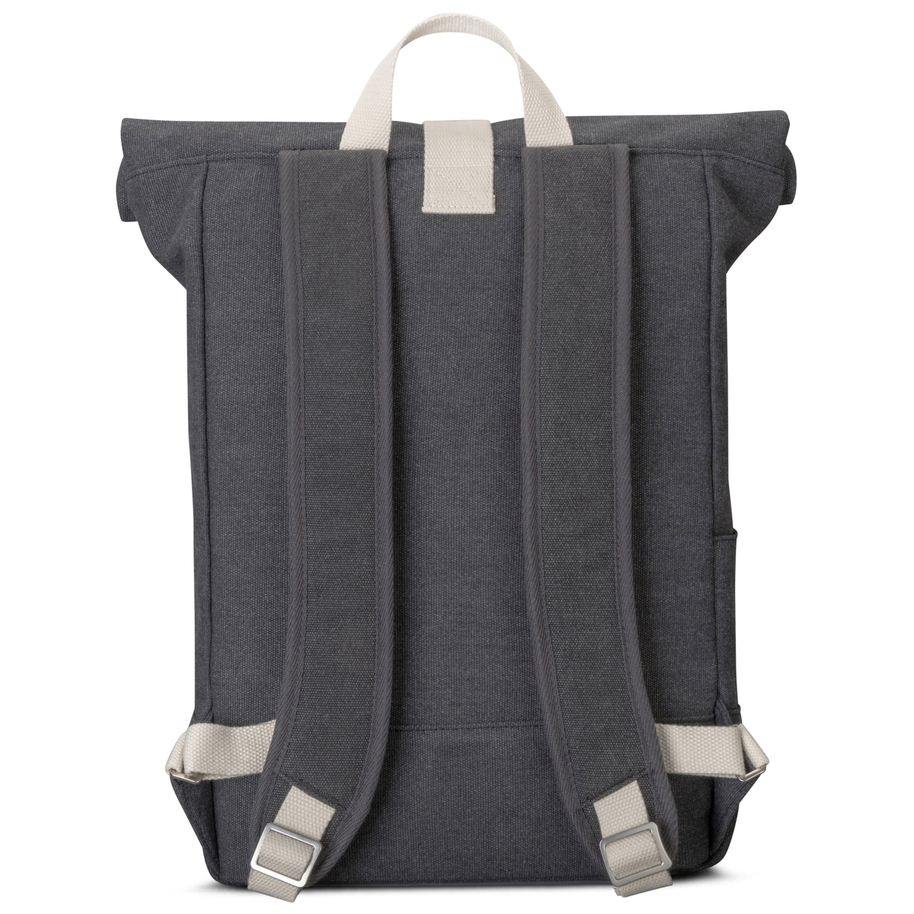 Rolltop Rucksack Adam Medium in Anthrazit, Rückansicht mit gepolsterten Schulterriemen und Trageschlaufe
