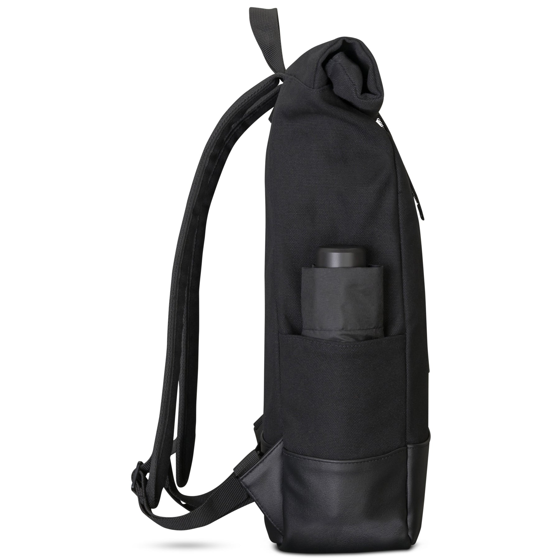 Johnny Urban Rolltop Rucksack 'Adam Medium' in Schwarz mit seitlicher Außentasche und schwarzem Wasserflasche