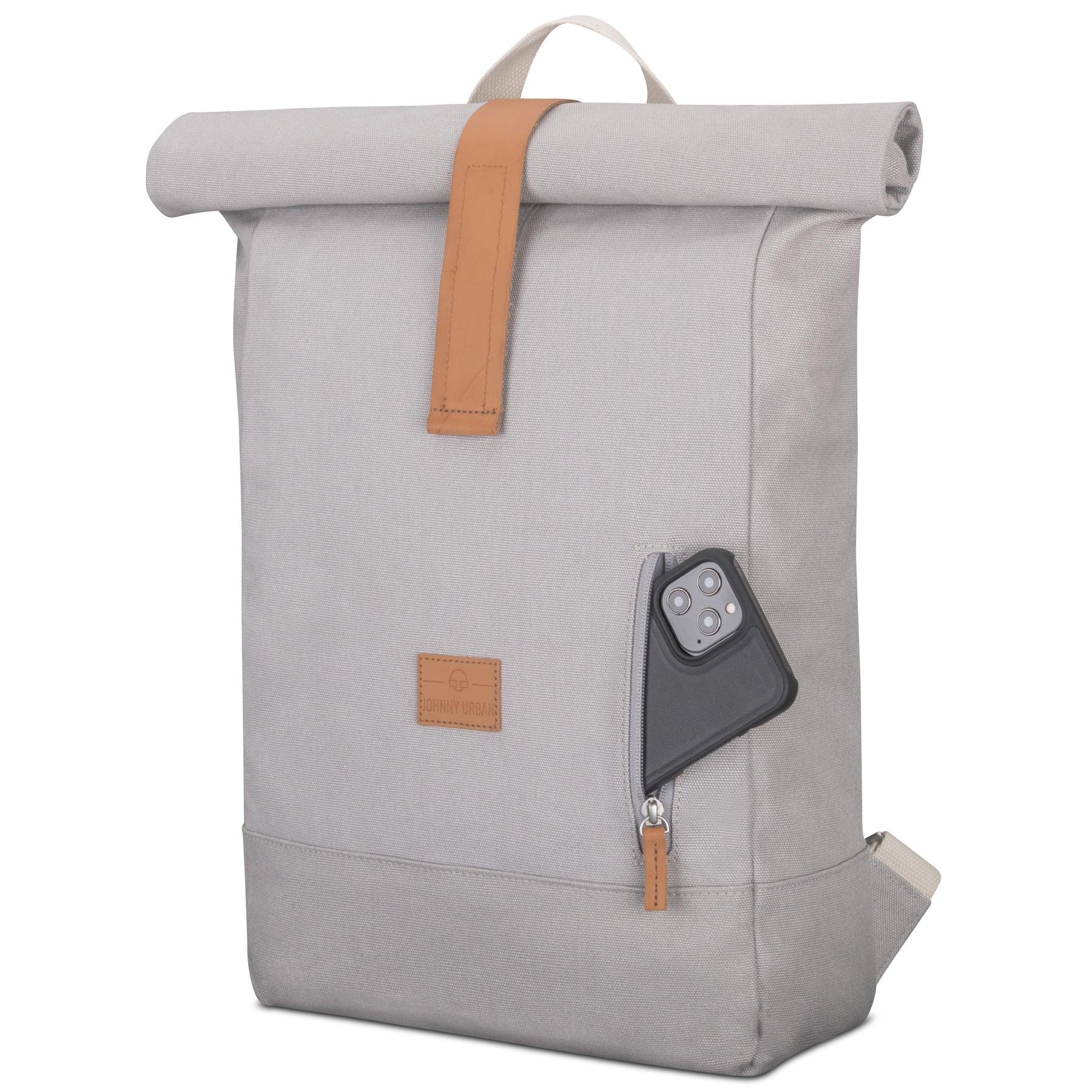 Rolltop Rucksack 'Adam Large' in Grau aus Canvas mit kleinem Reißverschlussfach, teilweise geöffnet mit Smartphone