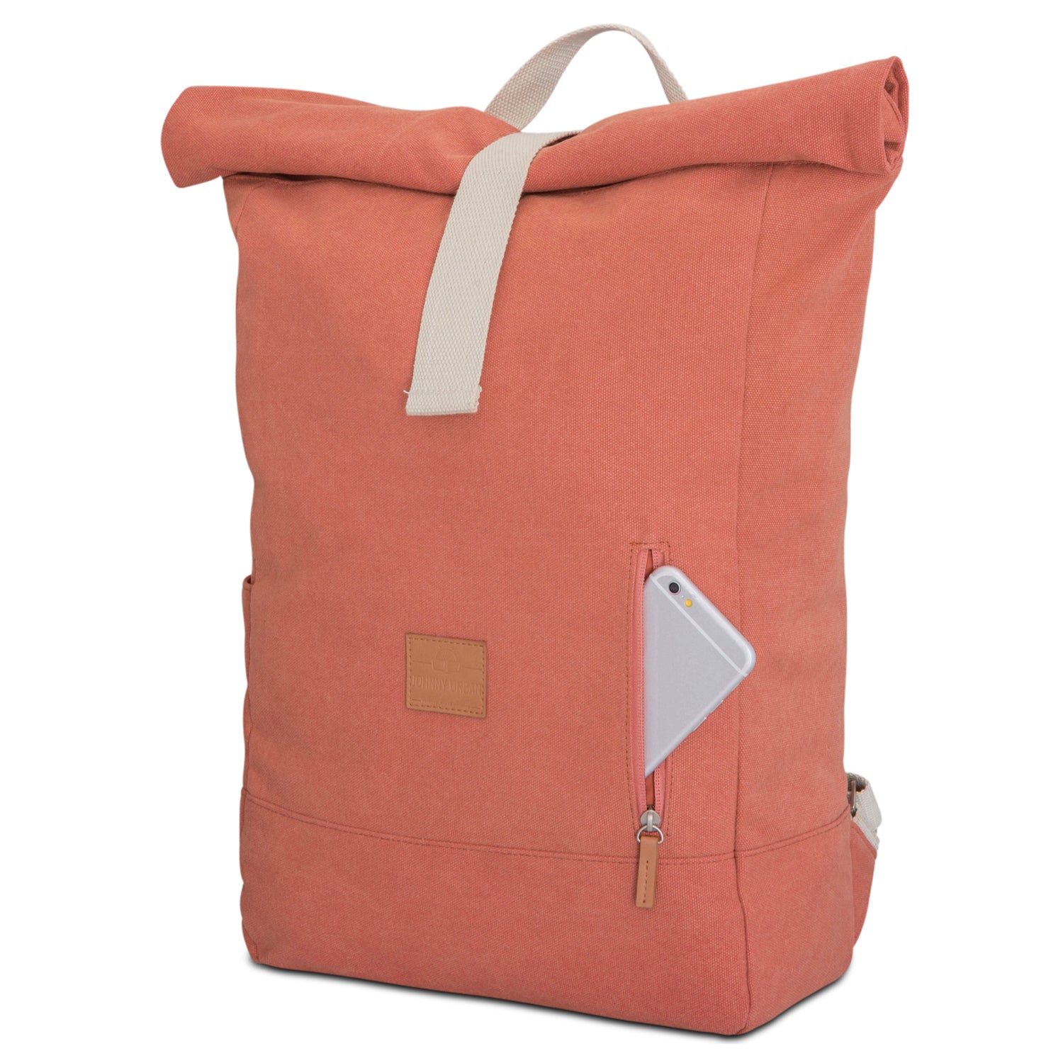 Rostfarbener Rolltop Rucksack 'Adam Large' aus Canvas mit seitlichem Reißverschlussfach und beige Trageschlaufe